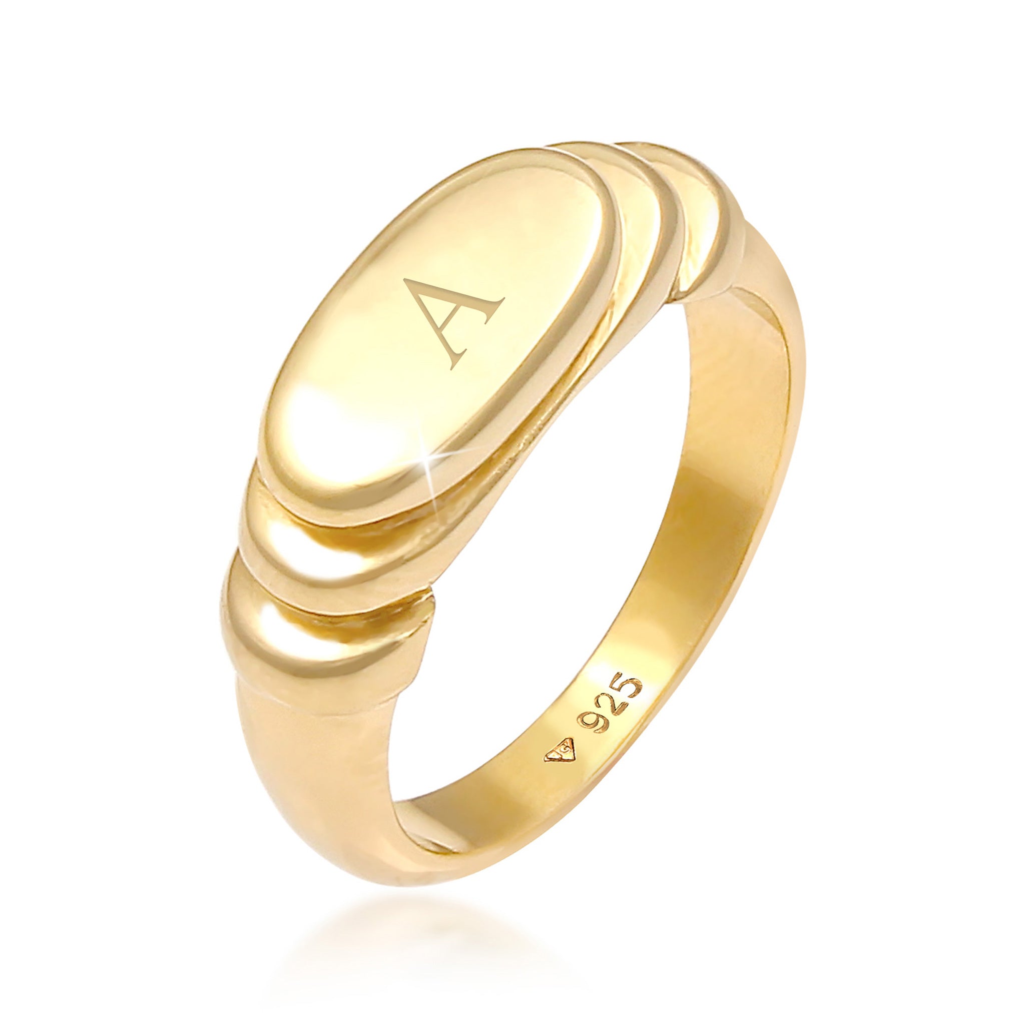 Gold - Elli | Siegelring Oval | Gravur Platte | 925 Sterling Silber vergoldet