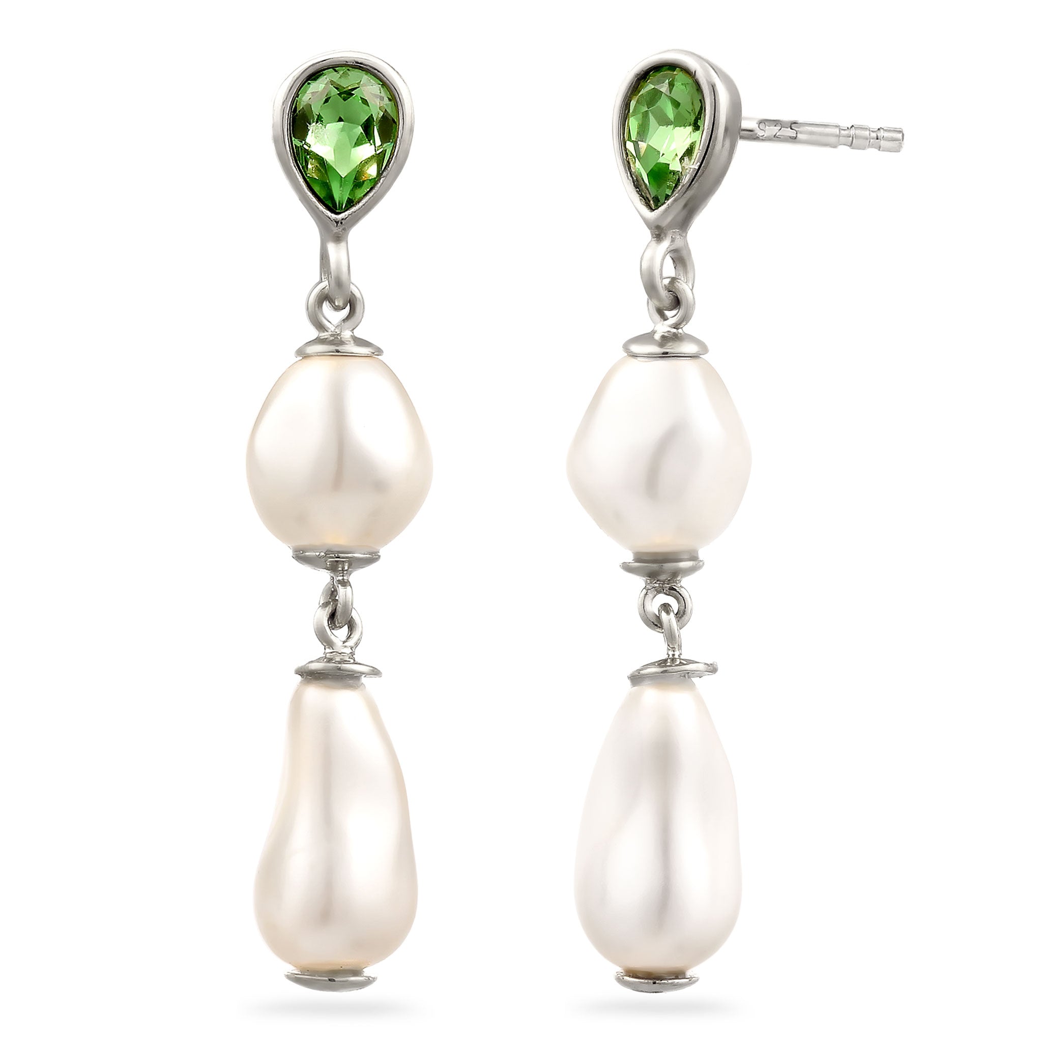 Silber - Elli | Ohrstecker Tropfen | Mit Kristallen von Swarovski® (Hellgrün) & Synthetische Perle | 925 Sterling Silber