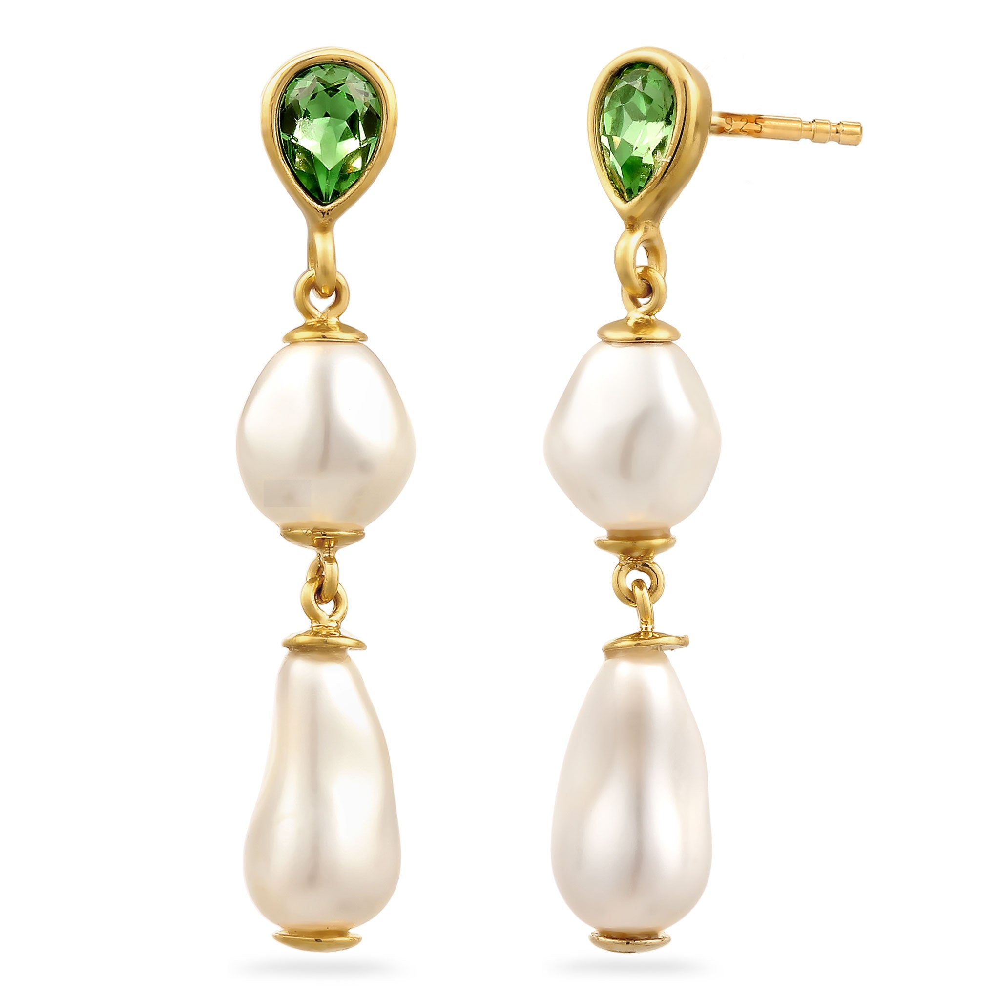 Gold - Elli | Ohrstecker Tropfen | Mit Kristallen von Swarovski® (Hellgrün) & Synthetische Perle | 925 Sterling Silber vergoldet