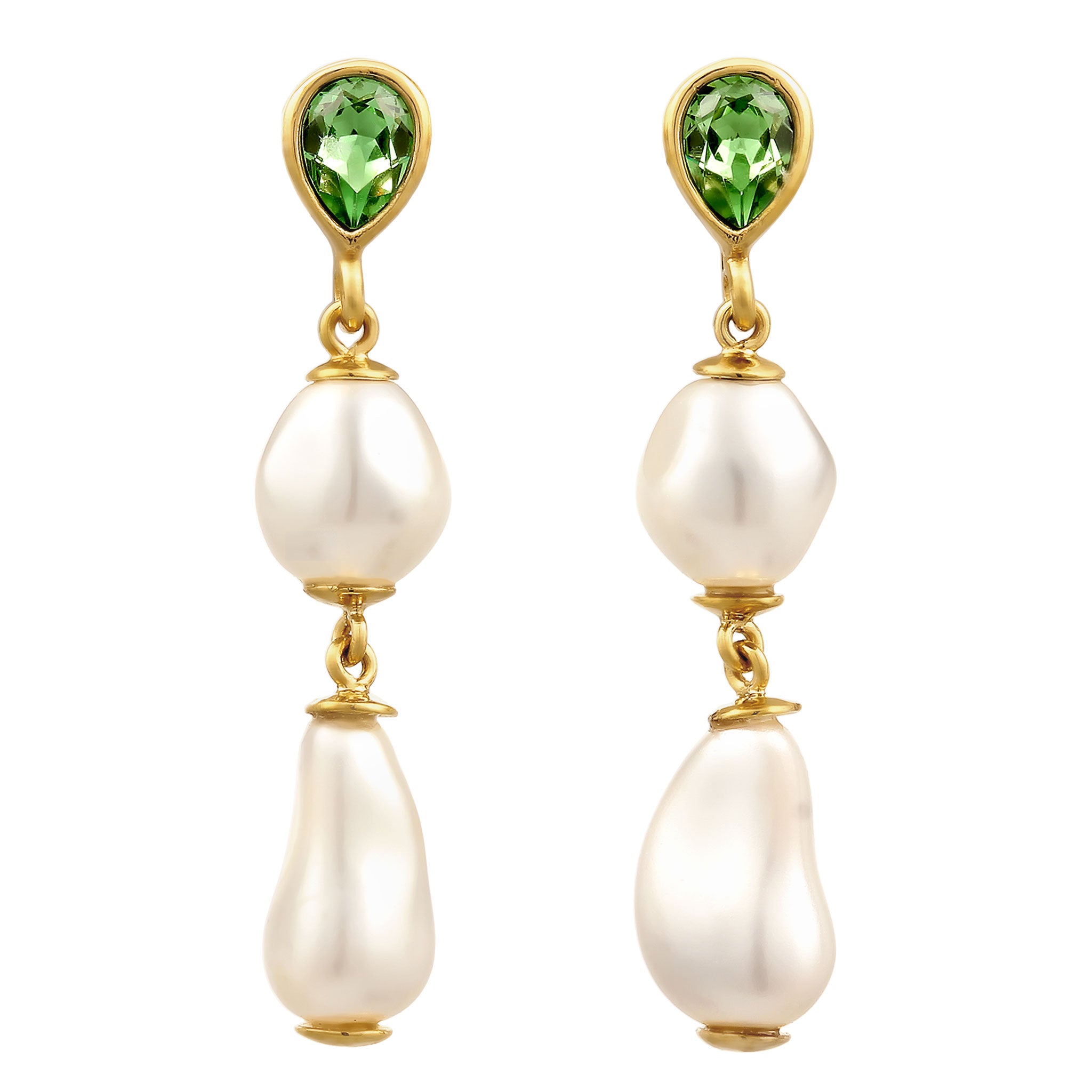 Gold - Elli | Ohrstecker Tropfen | Mit Kristallen von Swarovski® (Hellgrün) & Synthetische Perle | 925 Sterling Silber vergoldet