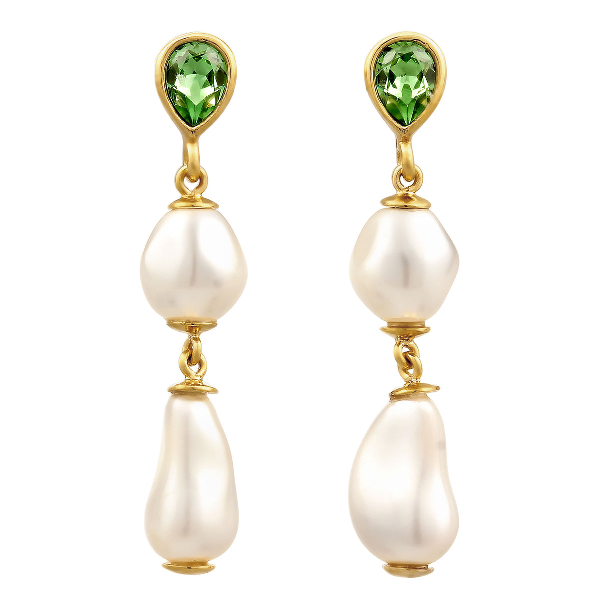 Gold - Elli | Ohrstecker Tropfen | Mit Kristallen von Swarovski® (Hellgrün) & Synthetische Perle | 925 Sterling Silber vergoldet