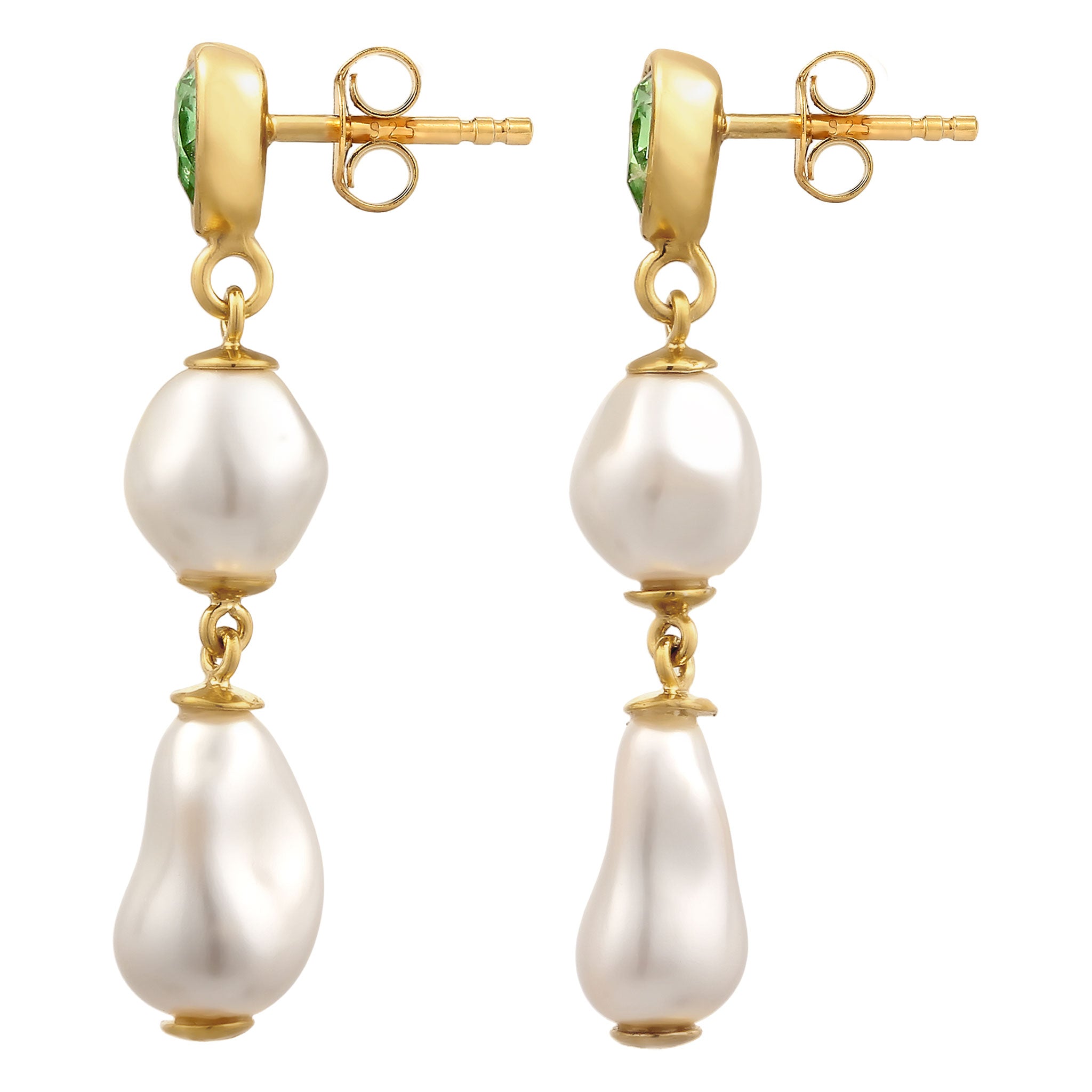 Gold - Elli | Ohrstecker Tropfen | Mit Kristallen von Swarovski® (Hellgrün) & Synthetische Perle | 925 Sterling Silber vergoldet
