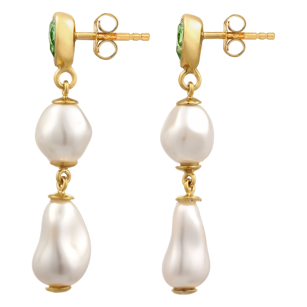 Gold - Elli | Ohrstecker Tropfen | Mit Kristallen von Swarovski® (Hellgrün) & Synthetische Perle | 925 Sterling Silber vergoldet