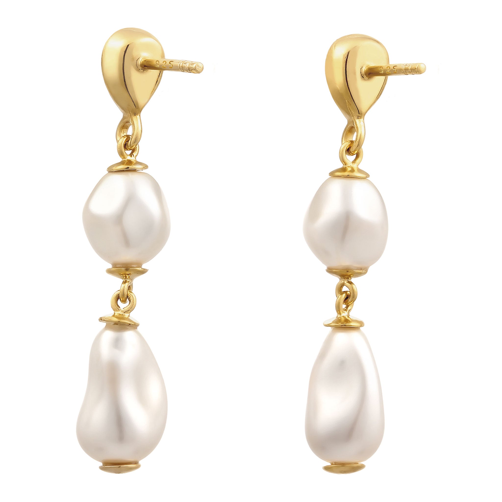 Gold - Elli | Ohrstecker Tropfen | Mit Kristallen von Swarovski® (Hellgrün) & Synthetische Perle | 925 Sterling Silber vergoldet