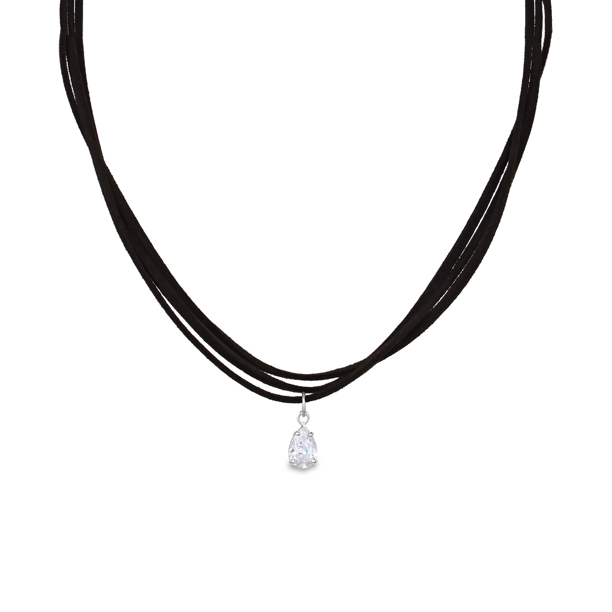 Silber - Elli | Choker Solitär | Kunstleder, Zirkonia (Weiß) | 925 Sterling Silber