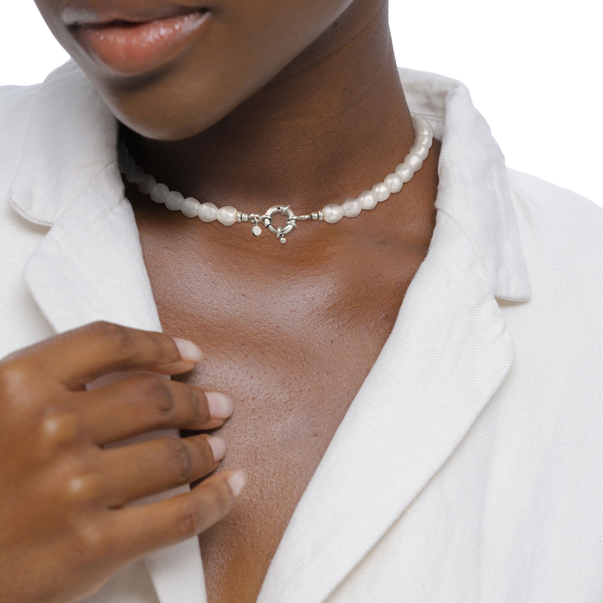 Silber - Elli | Halskette | Synthetische Perlen (Weiß) | 925 Sterling Silber