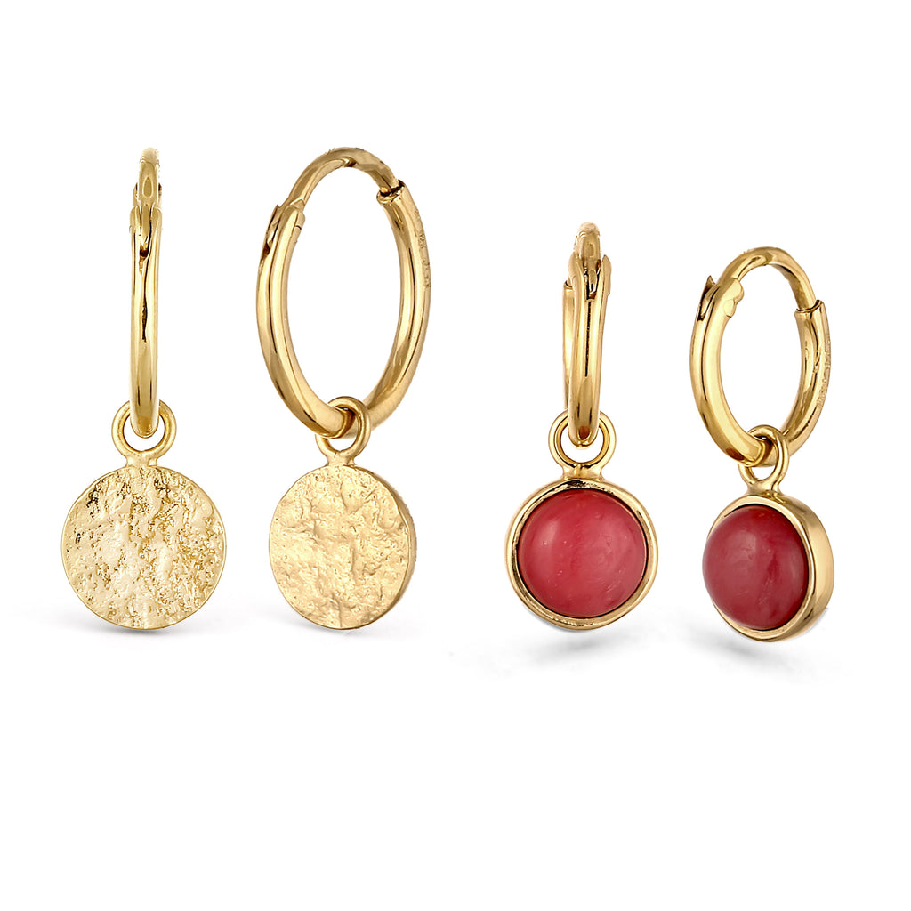 Gold - Elli | Creolen Set Plättchen | Achat (Rot) | 925 Sterling Silber vergoldet
