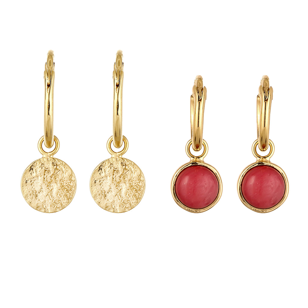 Gold - Elli | Creolen Set Plättchen | Achat (Rot) | 925 Sterling Silber vergoldet