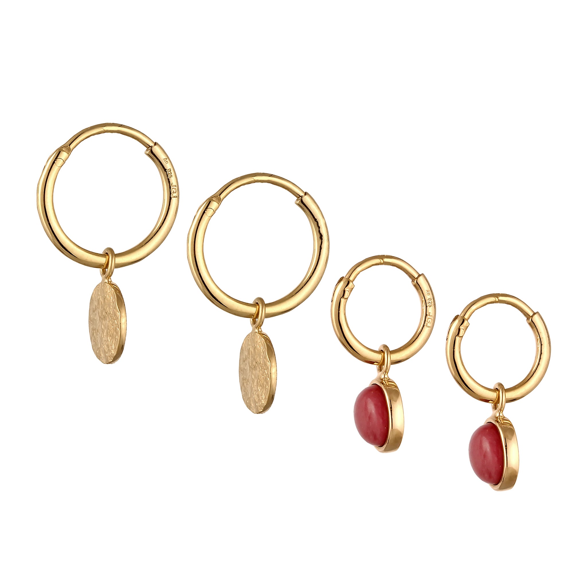 Gold - Elli | Creolen Set Plättchen | Achat (Rot) | 925 Sterling Silber vergoldet