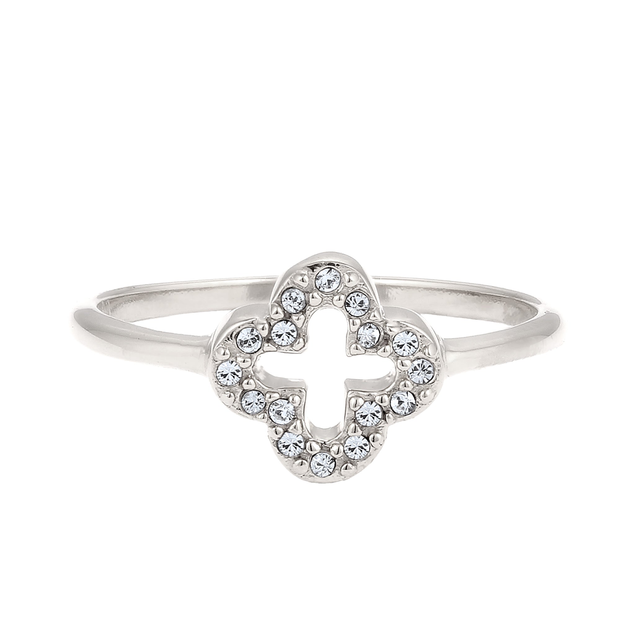 Silber - Elli | Ring Kleeblatt | Glas Kristalle (Weiß) | 925 Sterling Silber