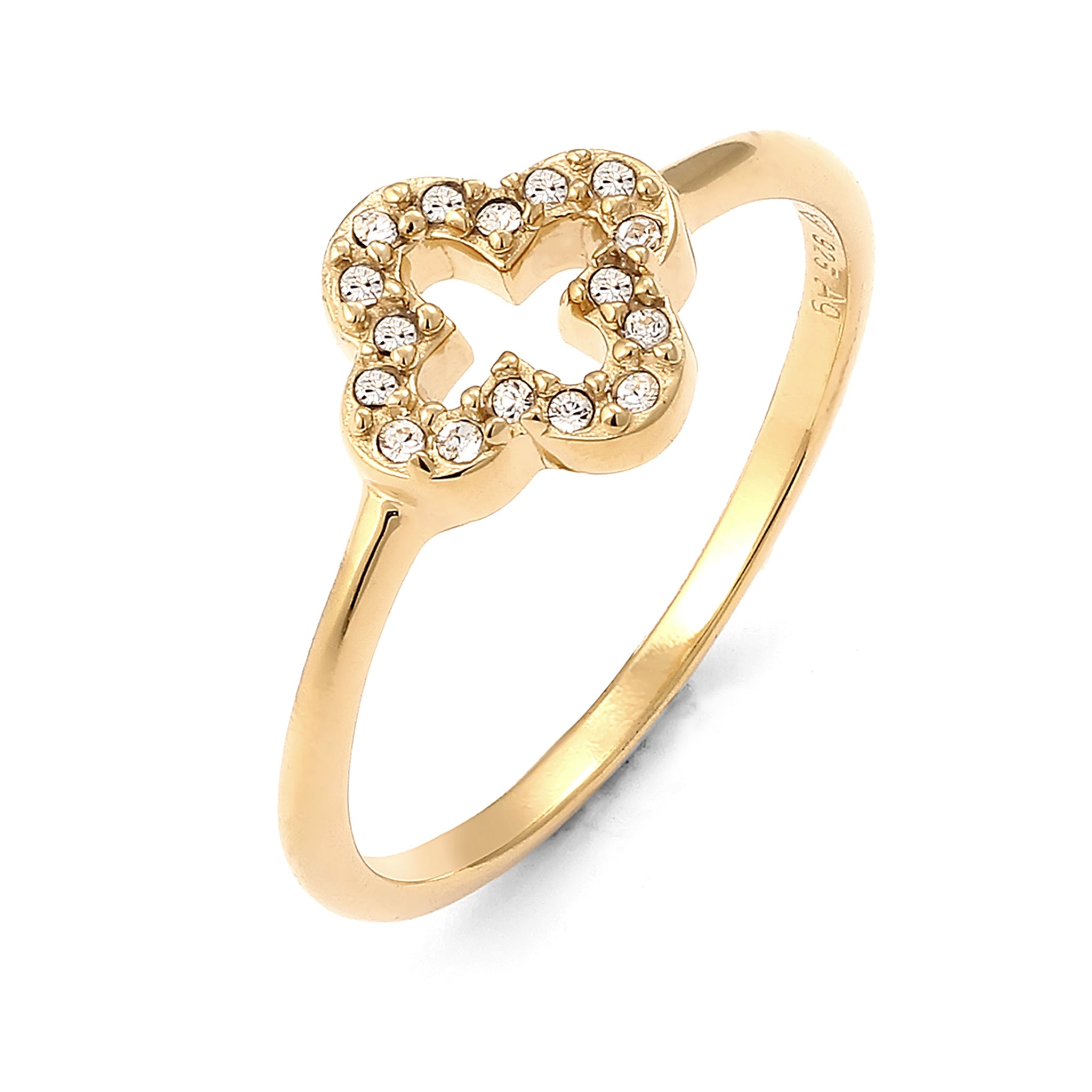 Gold - Elli | Ring Kleeblatt | Glas Kristalle (Weiß) | 925 Sterling Silber vergoldet