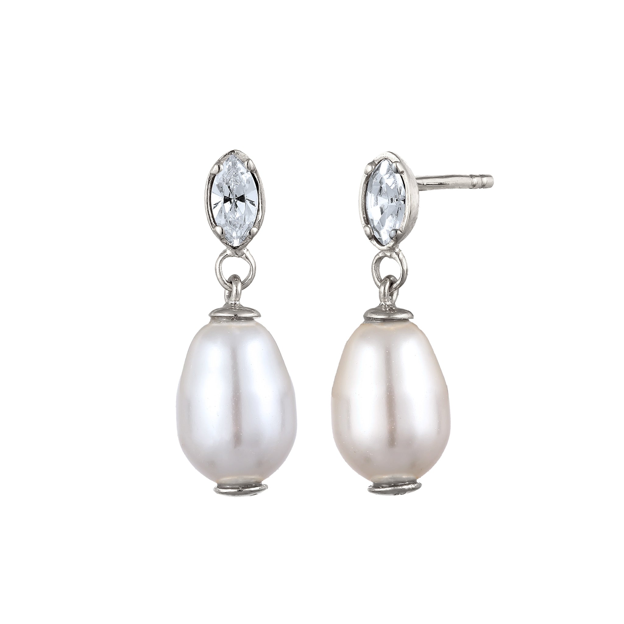 Silber - Elli | Ohrstecker | Synthetische Perle & Glas Kristalle (Weiß) | 925 Sterling Silber