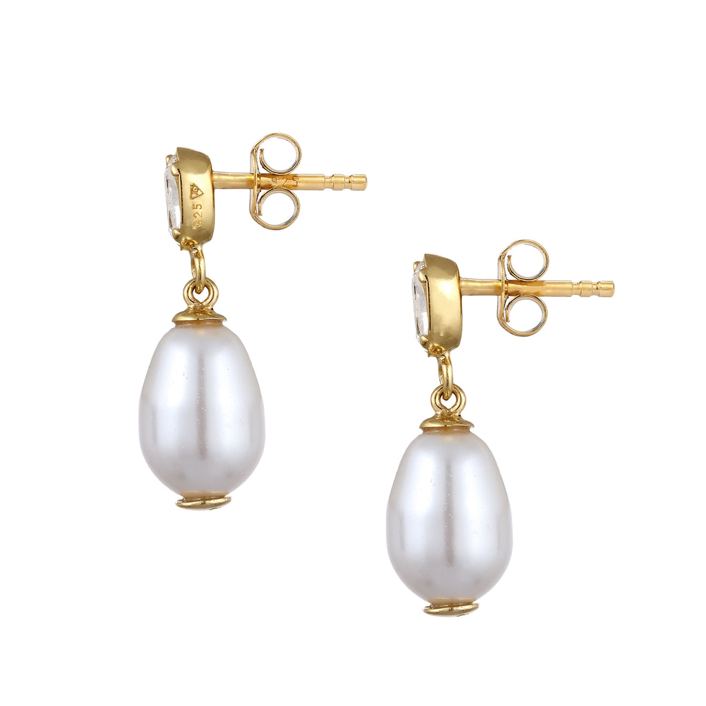 Gold - Elli | Ohrstecker | Mit Kristallen von Swarovski® & Synthetische Perle (Weiß) | 925 Sterling Silber vergoldet