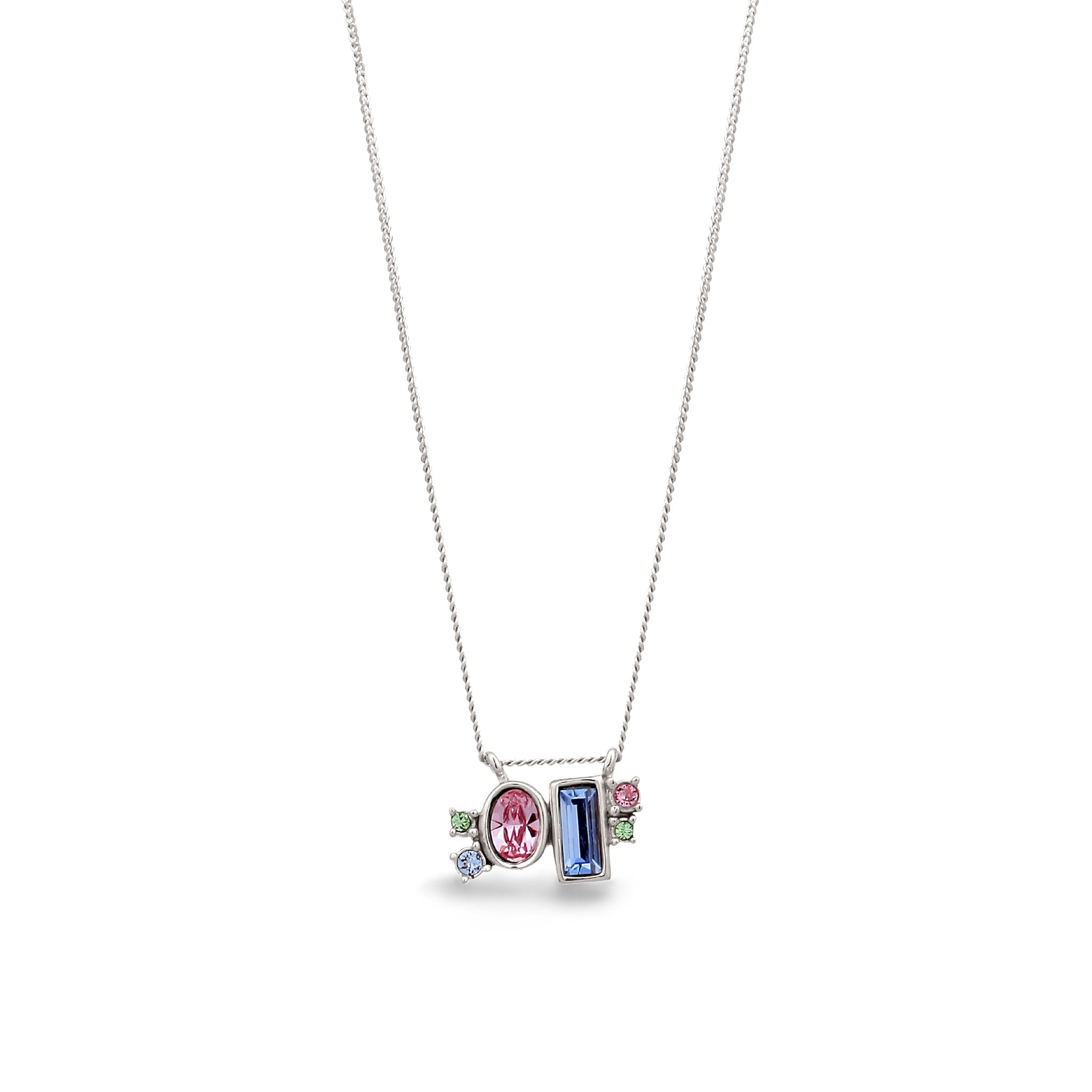 Silber - Elli | Halskette Rechteck | Glas Kristalle (Pink & Blau) | 925 Sterling Silber