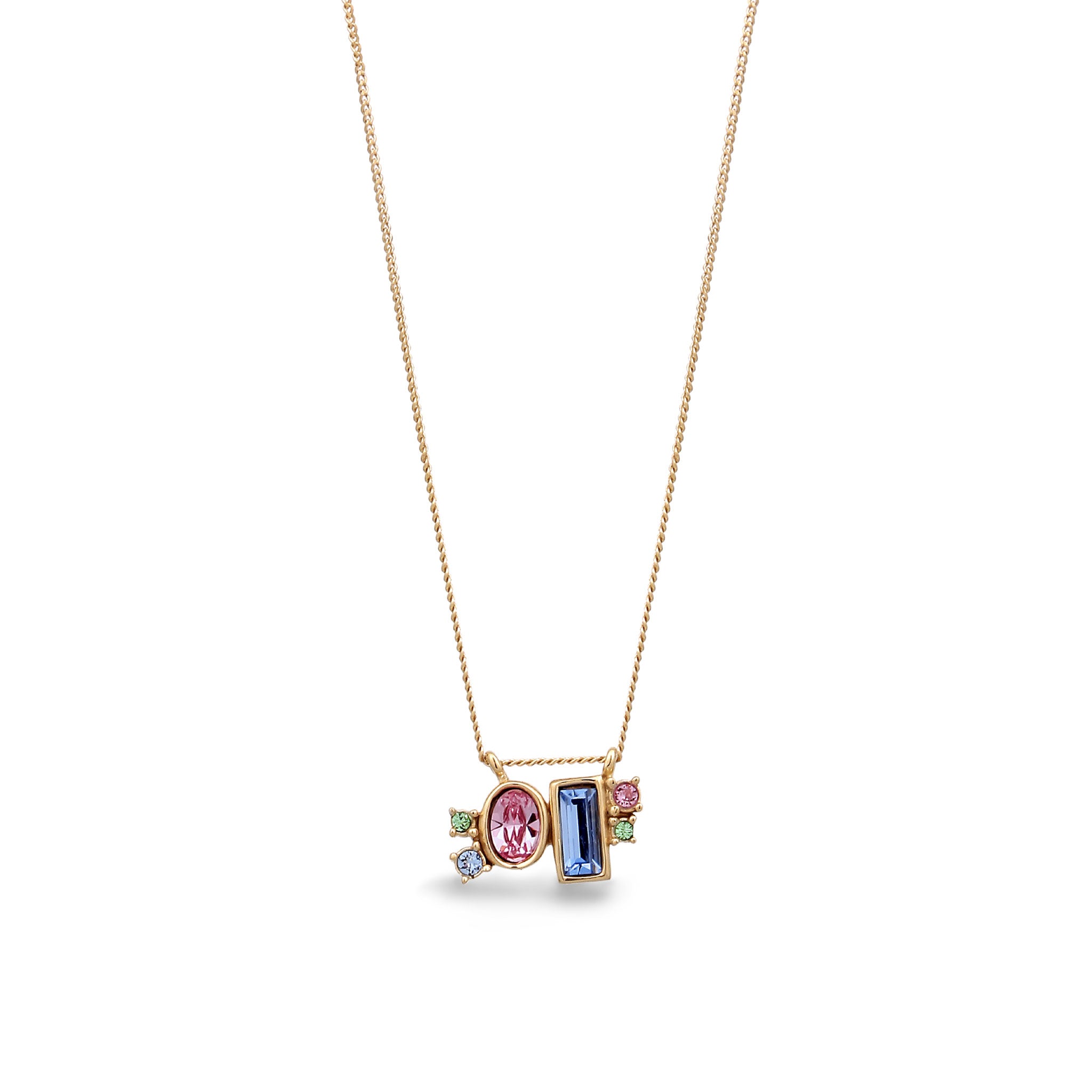 Gold - Elli | Halskette Rechteck | Glas Kristalle (Pink & Blau) | 925 Sterling Silber vergoldet
