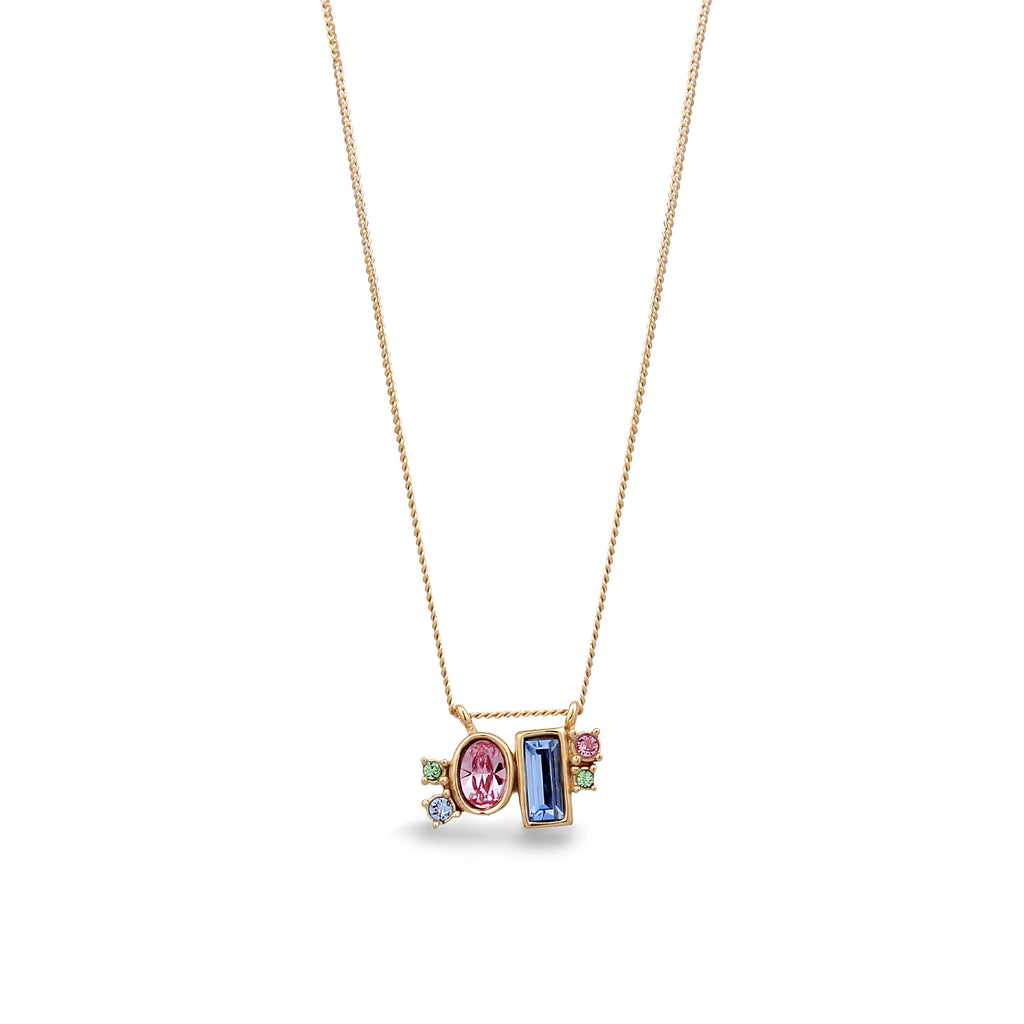 Gold - Elli | Halskette Rechteck | Mit Kristallen von Swarovski® (Pink & Blau) | 925 Sterling Silber vergoldet