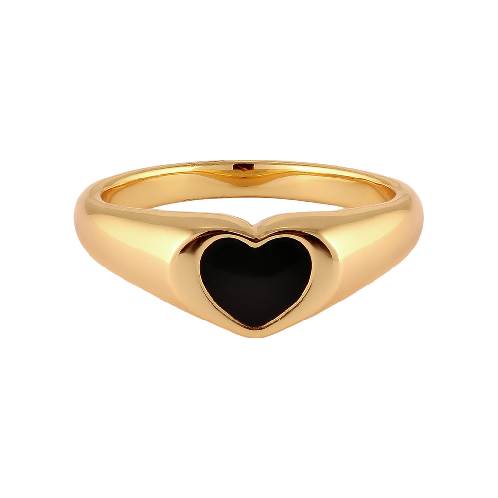 Gold - Elli | Siegelring Herz | Emaille (Schwarz) | Messing