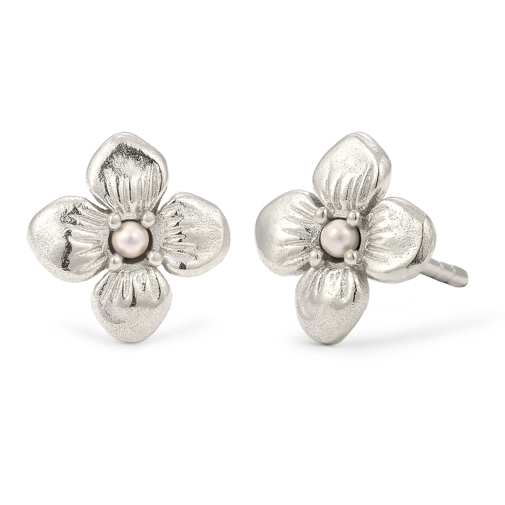 Silber - Elli | Ohrstecker Blume | Synthetische Perle (Weiß) | 925 Sterling Silber