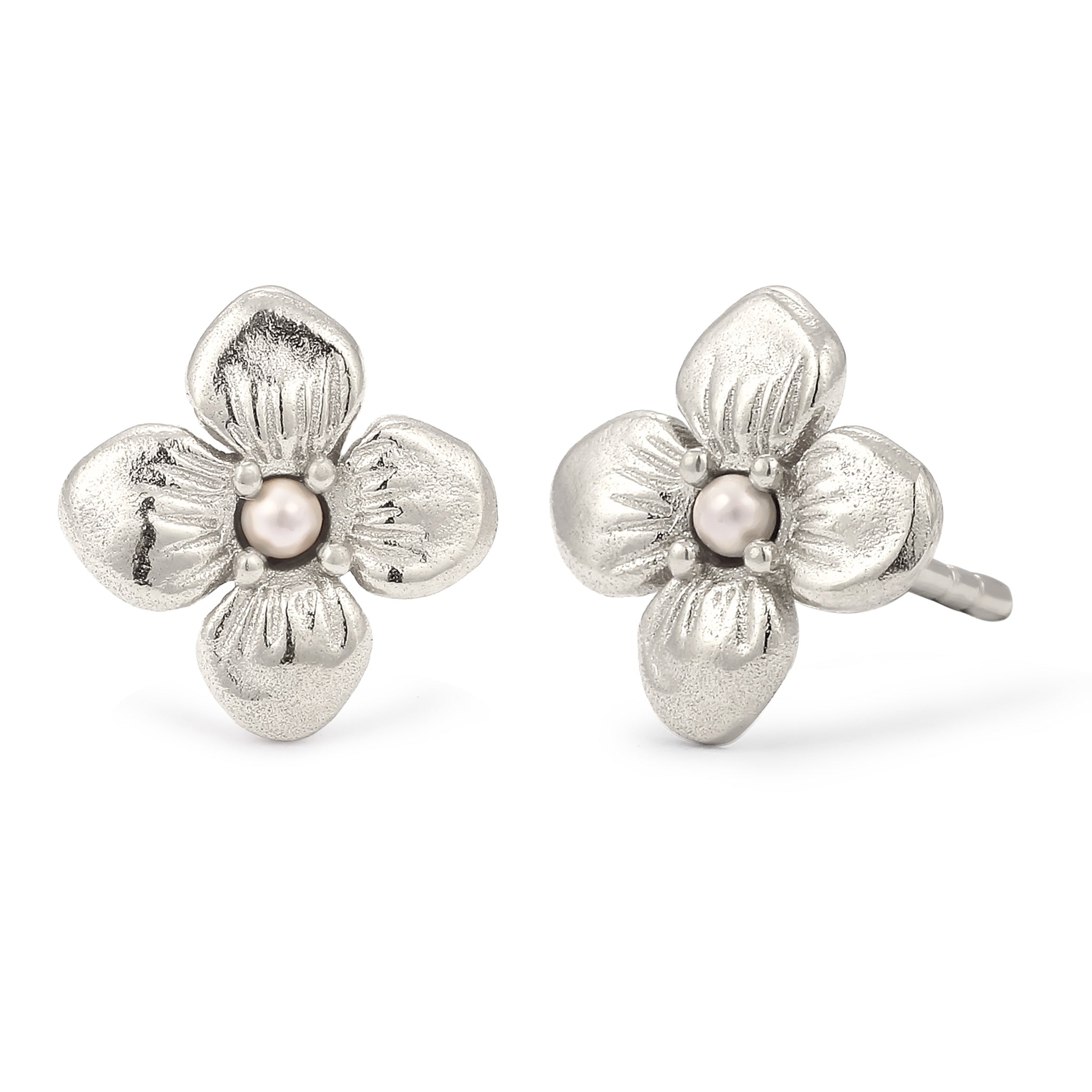 Silber - Elli | Ohrstecker Blume | Synthetische Perle (Weiß) | 925 Sterling Silber