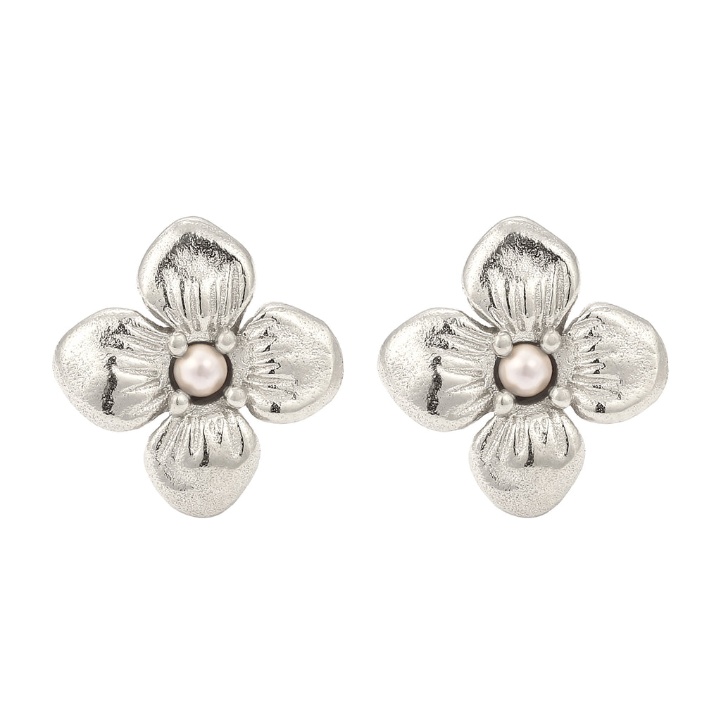 Silber - Elli | Ohrstecker Blume | Synthetische Perle (Weiß) | 925 Sterling Silber