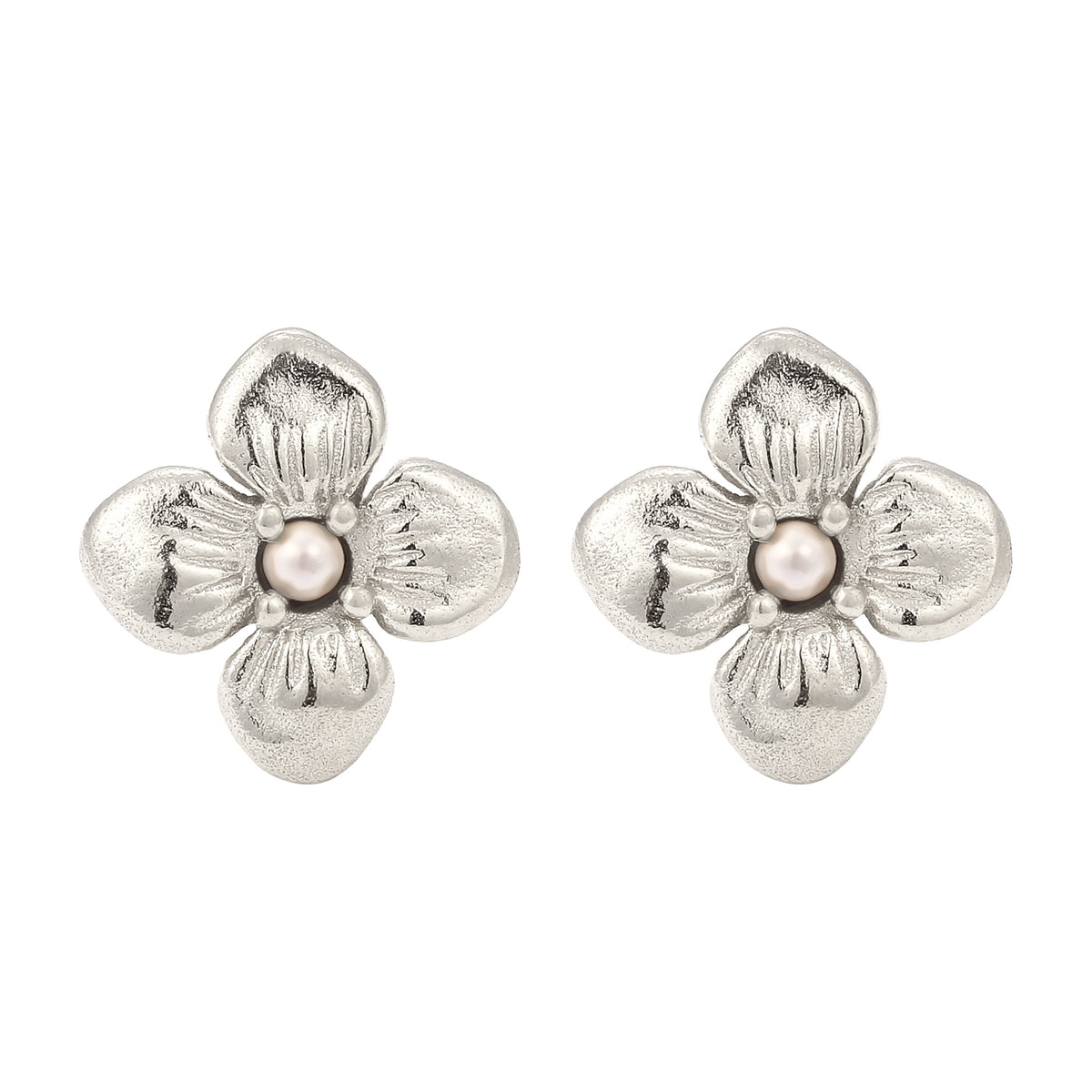 Silber - Elli | Ohrstecker Blume | Synthetische Perle (Weiß) | 925 Sterling Silber