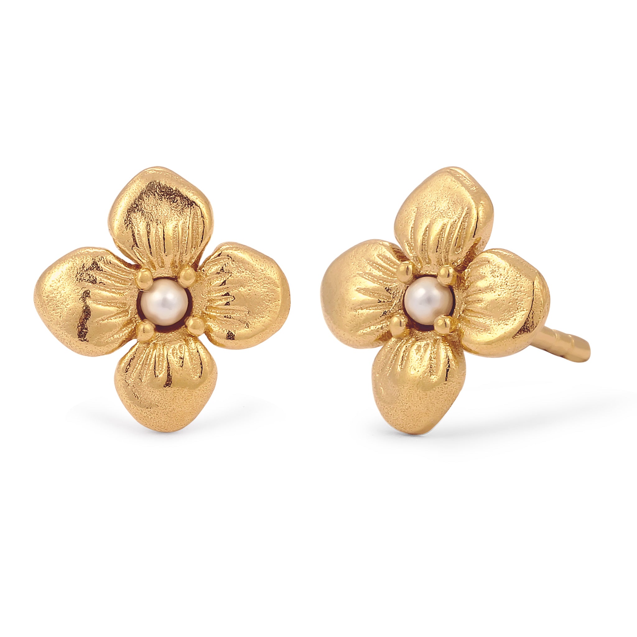 Gold - Elli | Ohrstecker Blume | Synthetische Perle (Weiß) | 925 Sterling Silber vergoldet
