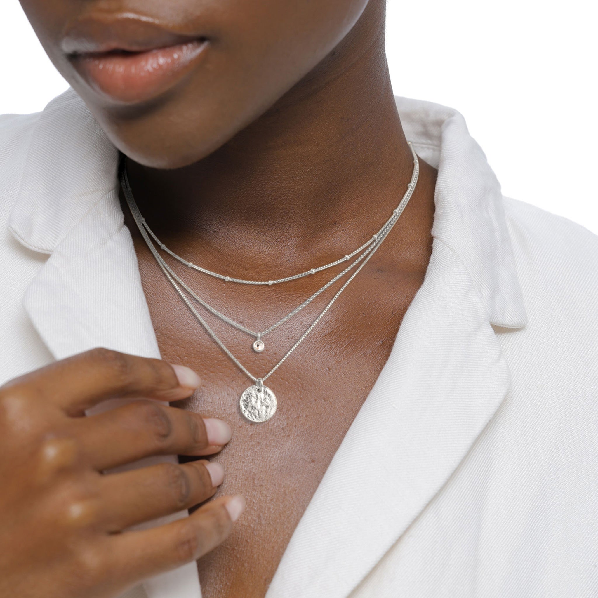 Silber - Elli | Layer-Halskette Plättchen | Glas Kristalle (Weiß) | 925 Sterling Silber