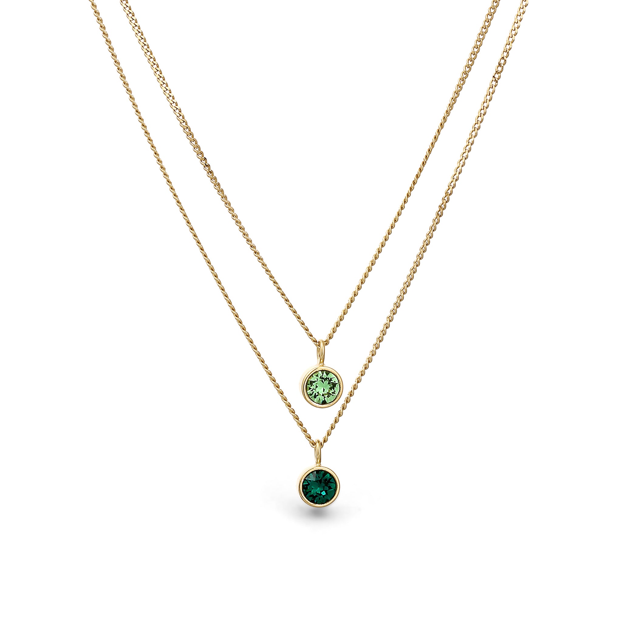 Gold - Elli | Layer Halskette | Glas Kristalle (Hellgrün & Grün) | 925 Sterling Silber vergoldet