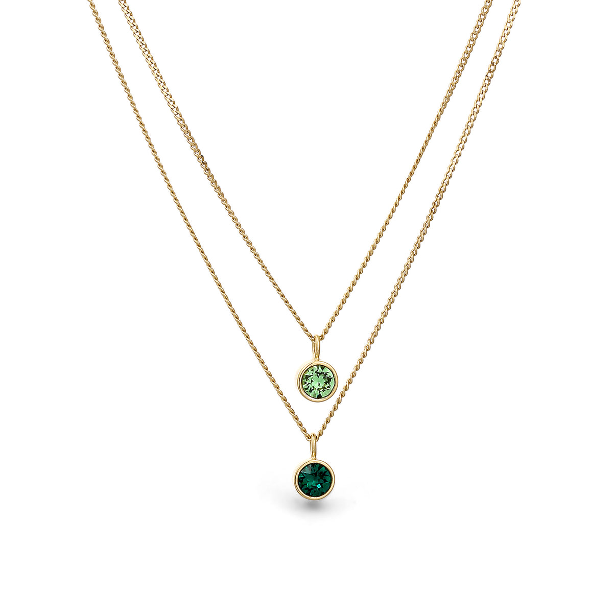 Gold - Elli | Layer Halskette | Glas Kristalle (Hellgrün & Grün) | 925 Sterling Silber vergoldet
