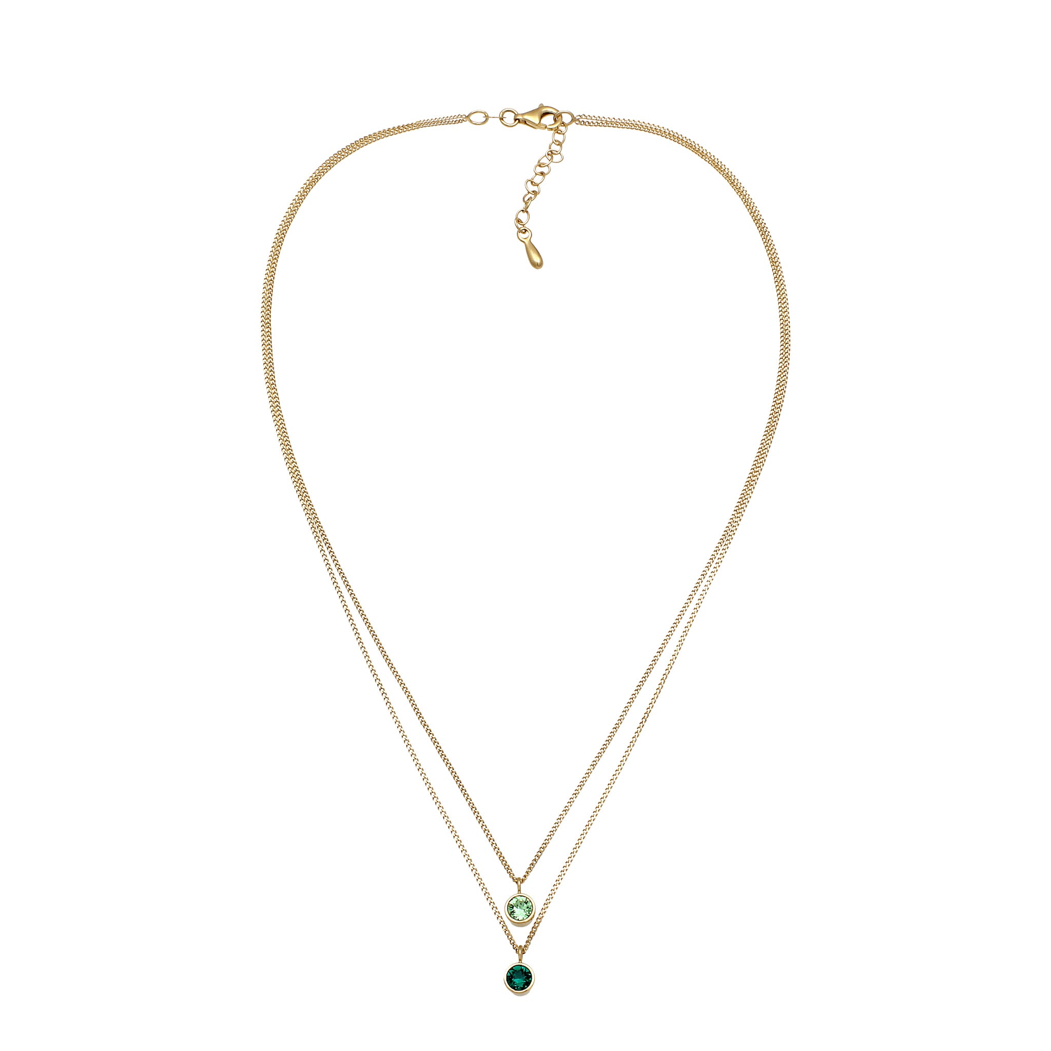 Gold - Elli | Layer Halskette | Glas Kristalle (Hellgrün & Grün) | 925 Sterling Silber vergoldet