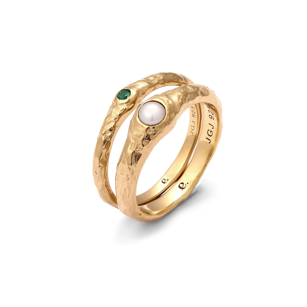 Gold - Elli PREMIUM | Ringset Organic | Synthetischer Smaragd (Grün) & Süßwasserzuchtperle (Weiß) | 925 Sterling Silber Vergoldet