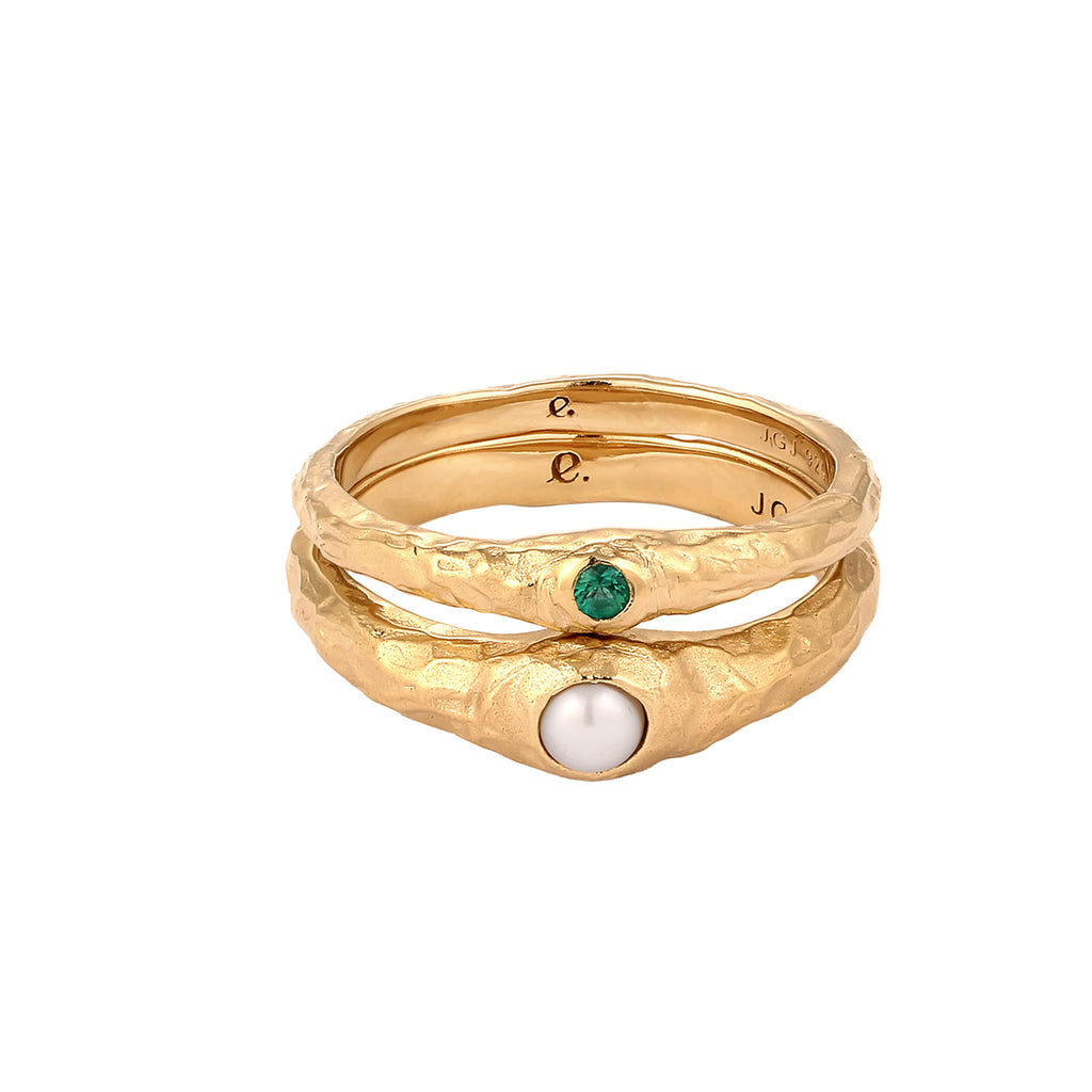 Gold - Elli PREMIUM | Ringset Organic | Synthetischer Smaragd (Grün) & Süßwasserzuchtperle (Weiß) | 925 Sterling Silber Vergoldet