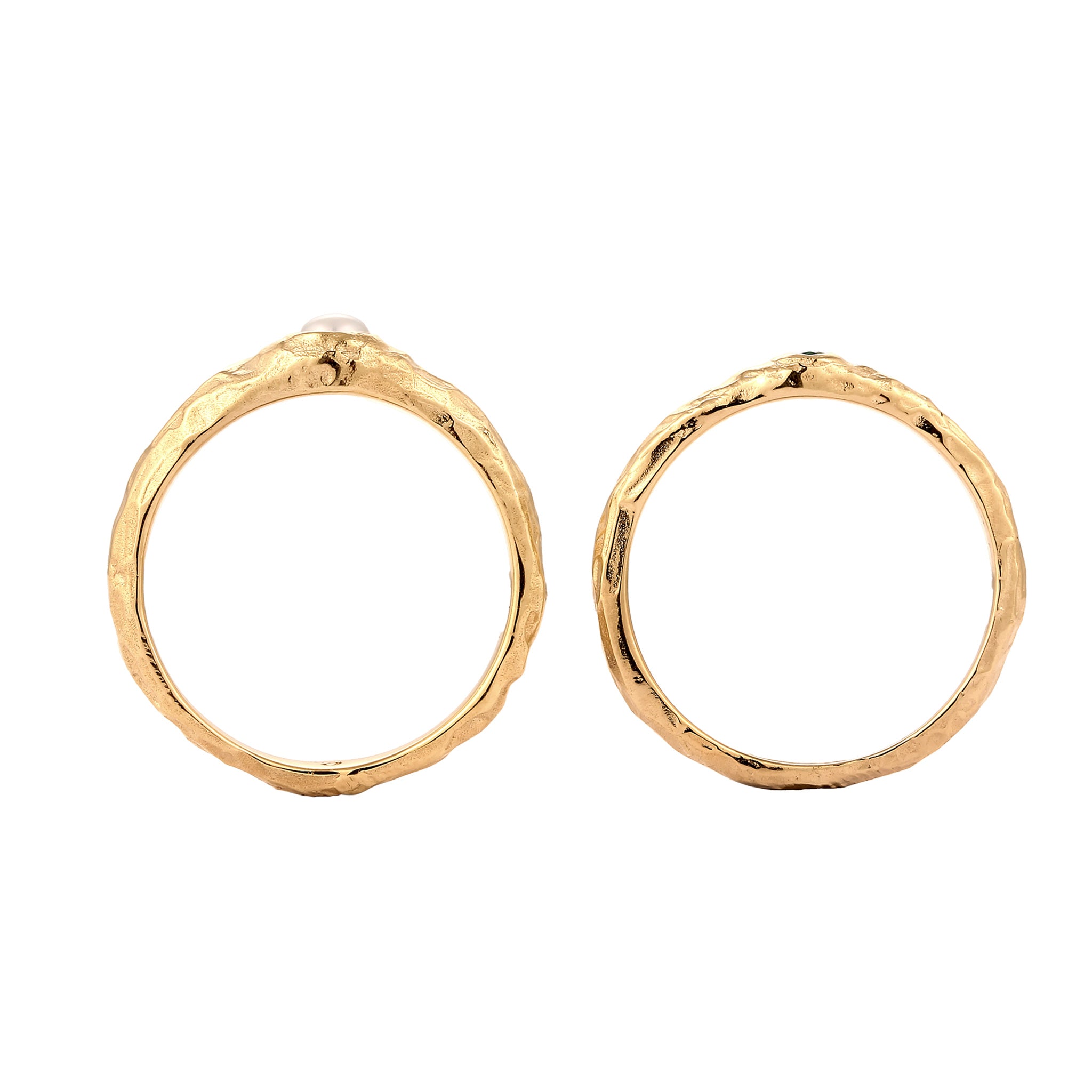 Gold - Elli PREMIUM | Ringset Organic | Synthetischer Smaragd (Grün) & Süßwasserzuchtperle (Weiß) | 925 Sterling Silber Vergoldet