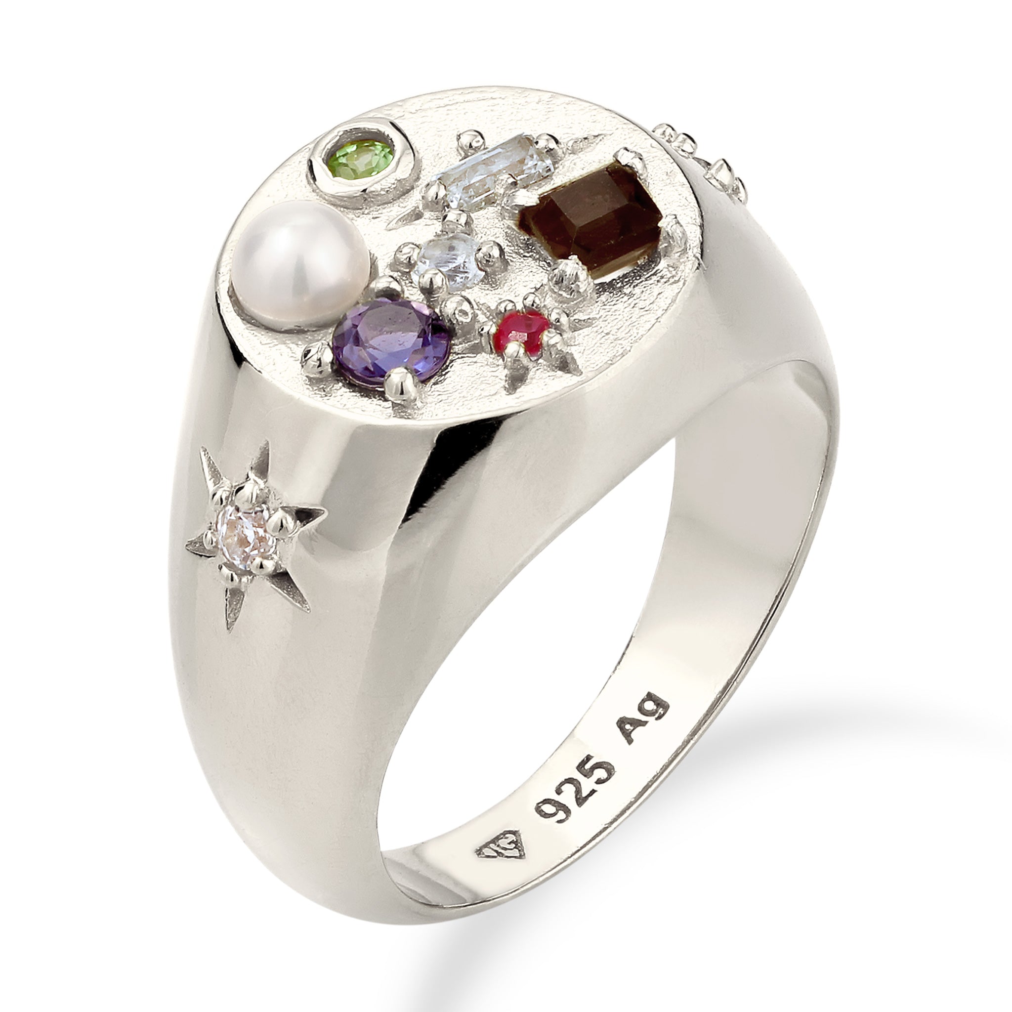 Silber - Elli PREMIUM | Siegelring Vintage | Saphir & Topaz & Peridot & Perle | 925 Sterling Silber