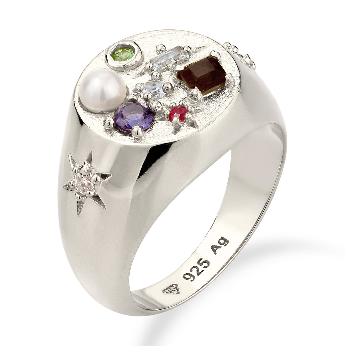 Silber - Elli PREMIUM | Siegelring Vintage | Saphir & Topaz & Peridot & Perle | 925 Sterling Silber