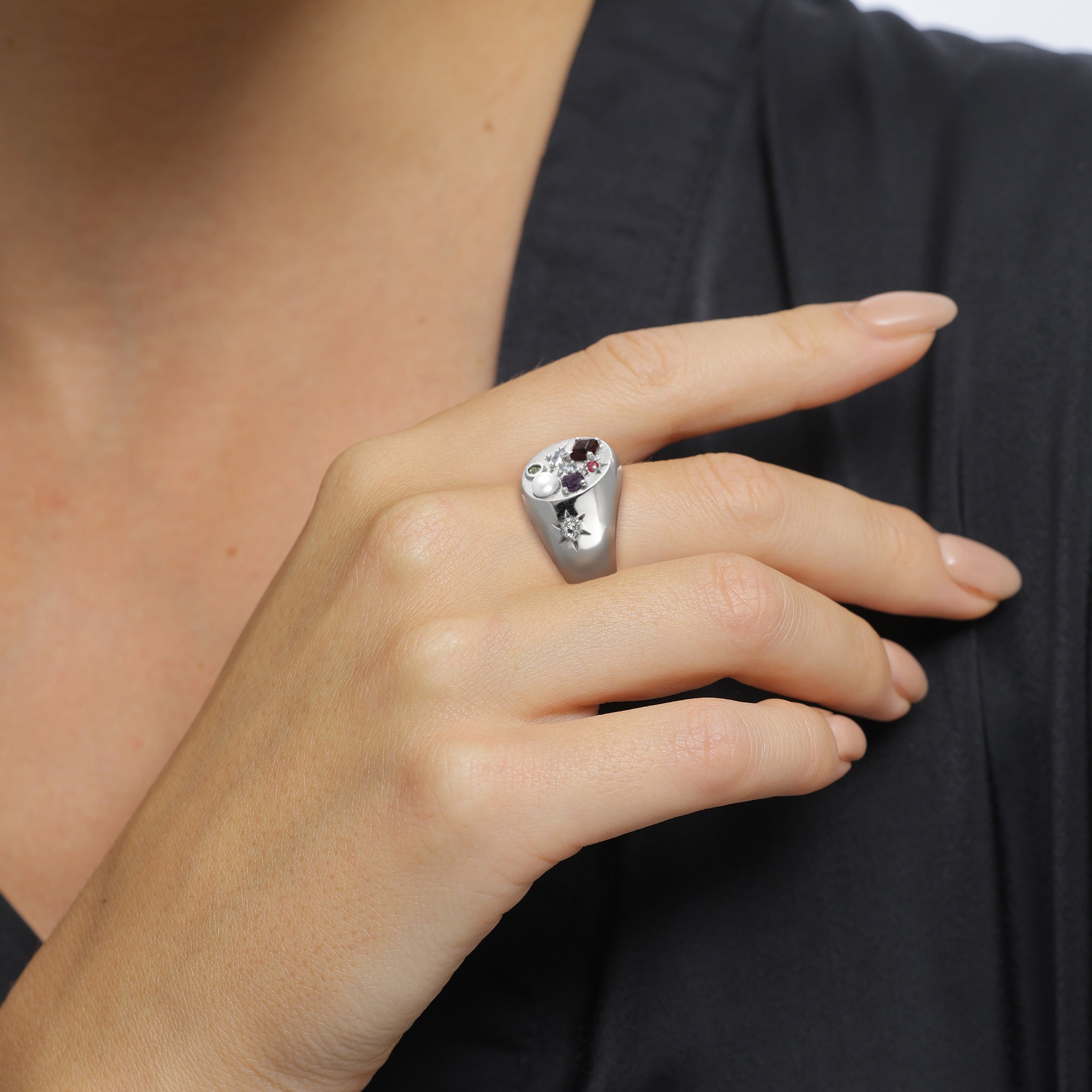 Silber - Elli PREMIUM | Siegelring Vintage | Saphir & Topaz & Peridot & Perle | 925 Sterling Silber