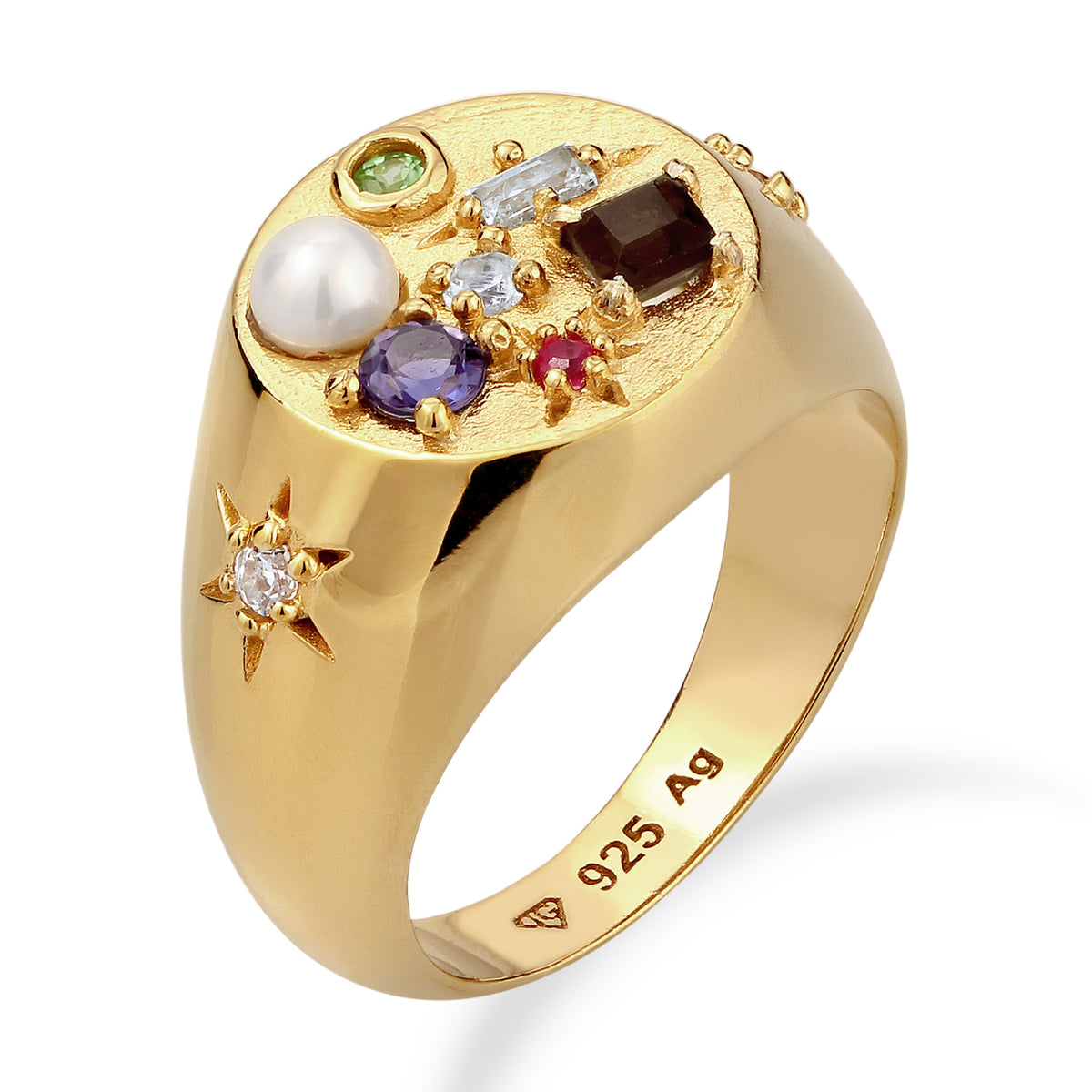 Gold - Elli PREMIUM | Siegelring Vintage | Saphir & Topaz & Peridot & Perle | 925 Sterling Silber vergoldet