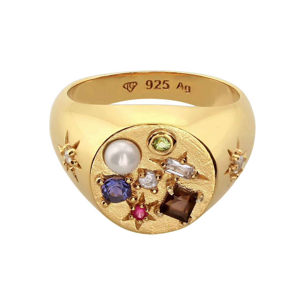 Gold - Elli PREMIUM | Siegelring Vintage | Saphir & Topaz & Peridot & Perle | 925 Sterling Silber vergoldet