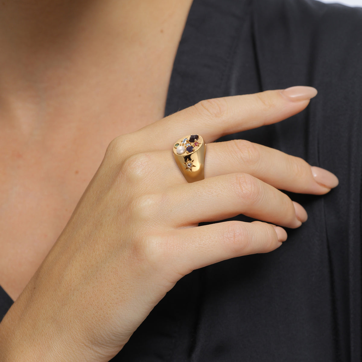 Gold - Elli PREMIUM | Siegelring Vintage | Saphir & Topaz & Peridot & Perle | 925 Sterling Silber vergoldet