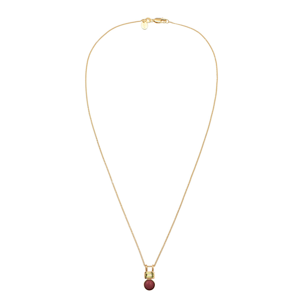 Gold - Elli PREMIUM | Halskette Anhänger Rund | Achat & Peridot (Rot & Hellgrün) | 925 Sterling Silber vergoldet