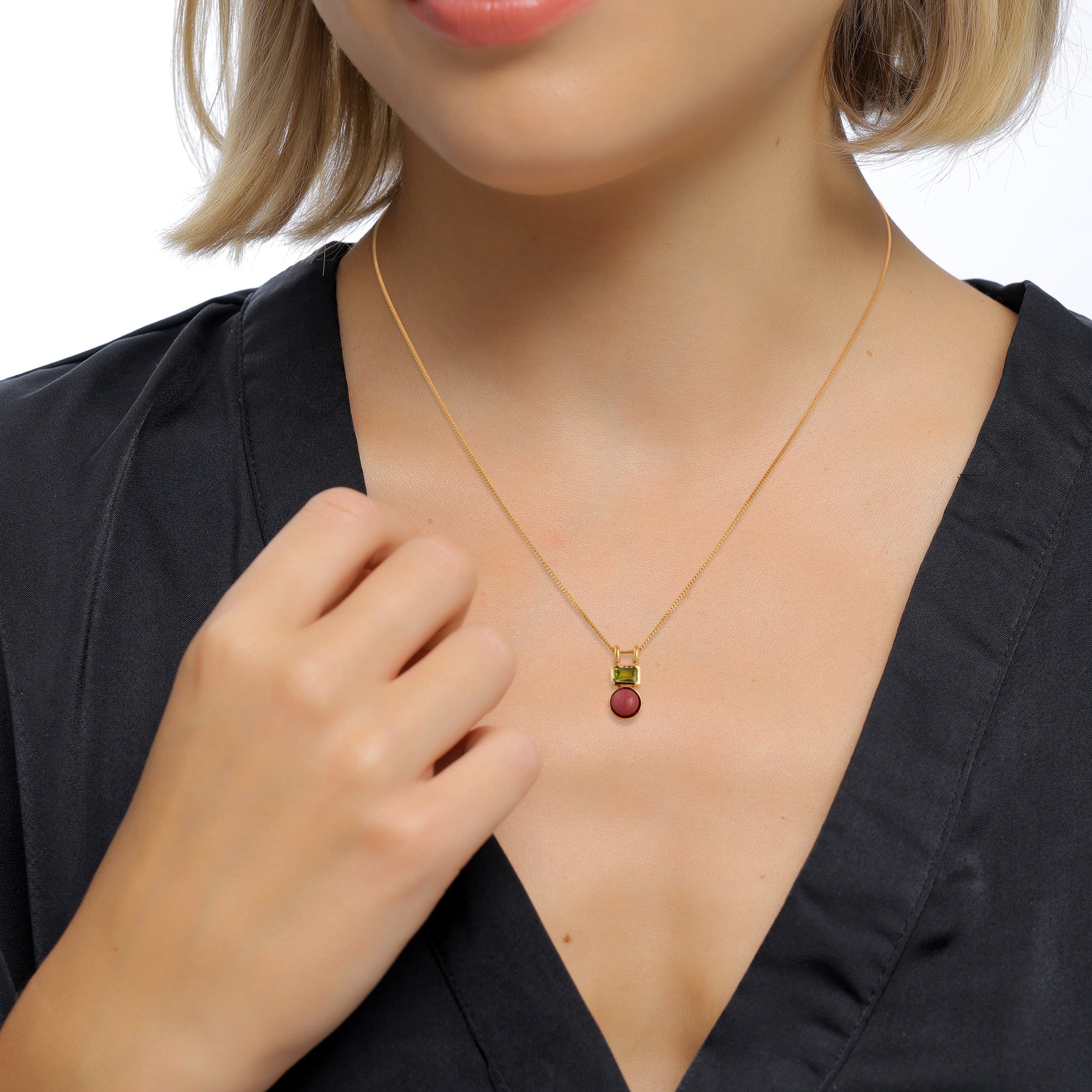Gold - Elli PREMIUM | Halskette Anhänger Rund | Achat & Peridot (Rot & Hellgrün) | 925 Sterling Silber vergoldet