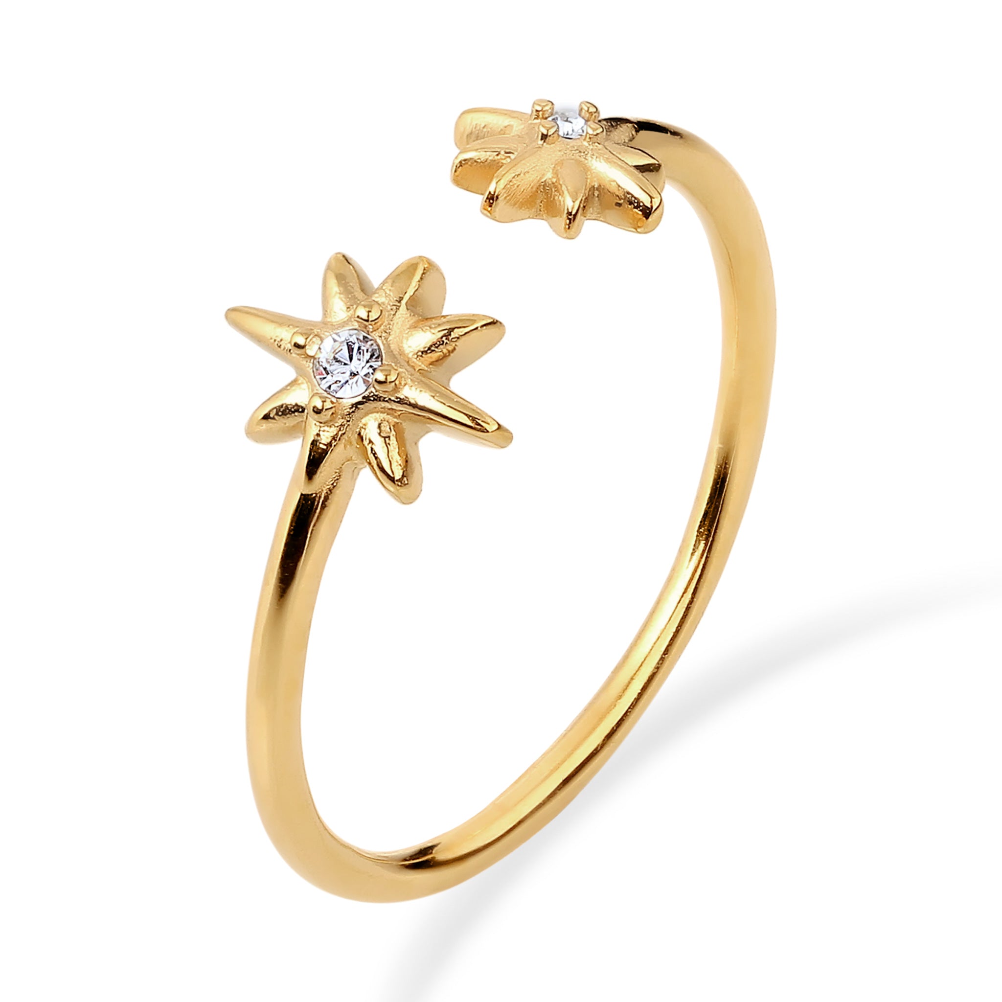 Gold - Elli | Ring Offen Stern | Mit Kristallen von Swarovski® (Weiß) | 925 Sterling Silber vergoldet