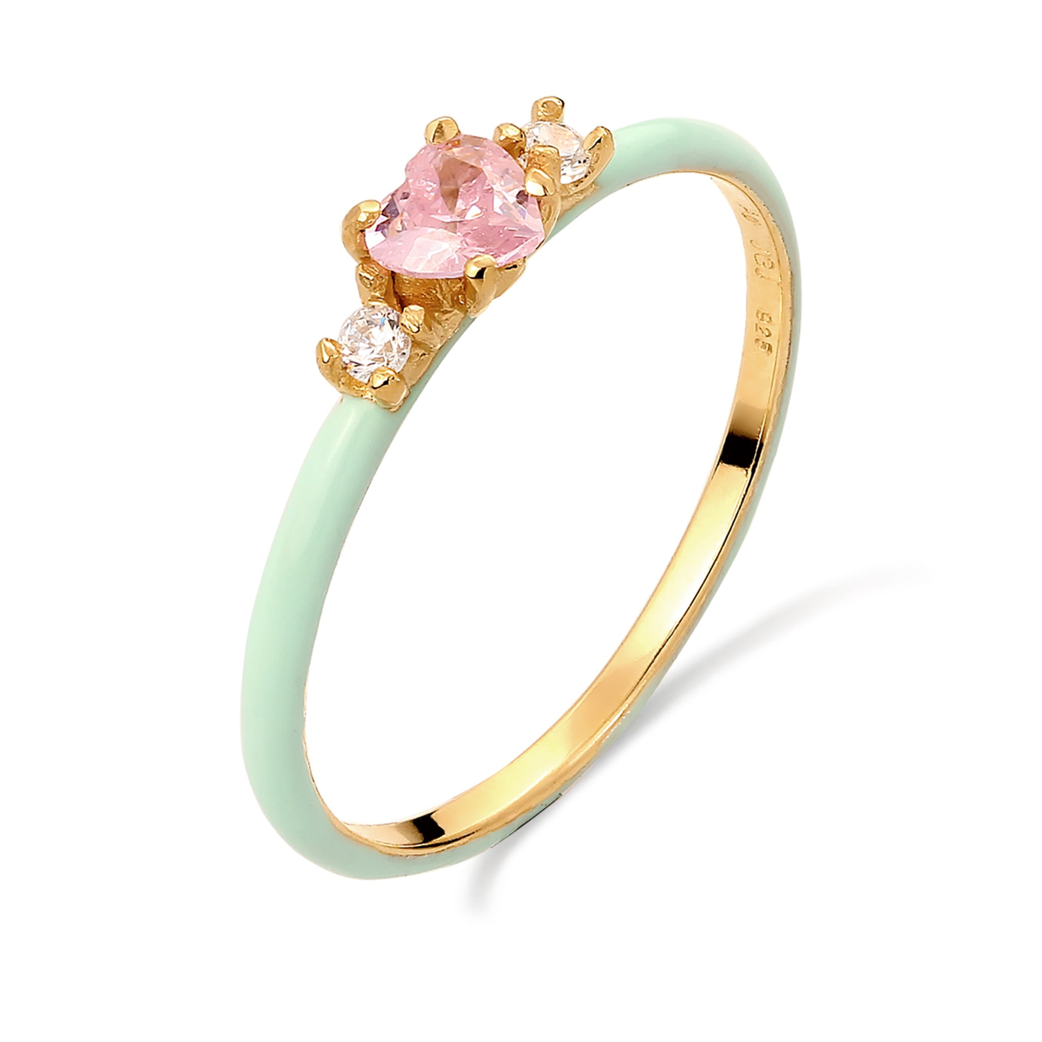 Gold - Elli | Ring mit Herz | Emaille & Zirkonia (Weiß & Pink) | 925 Sterling Silber vergoldet