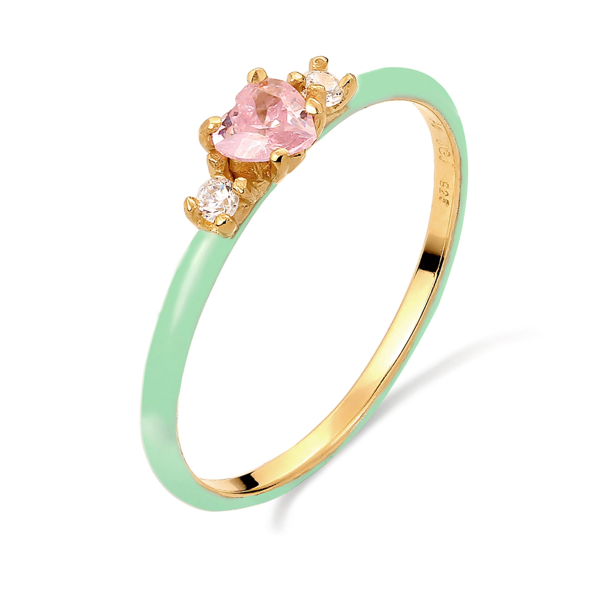 Gold - Elli | Ring mit Herz | Emaille & Zirkonia (Weiß & Pink) | 925 Sterling Silber vergoldet