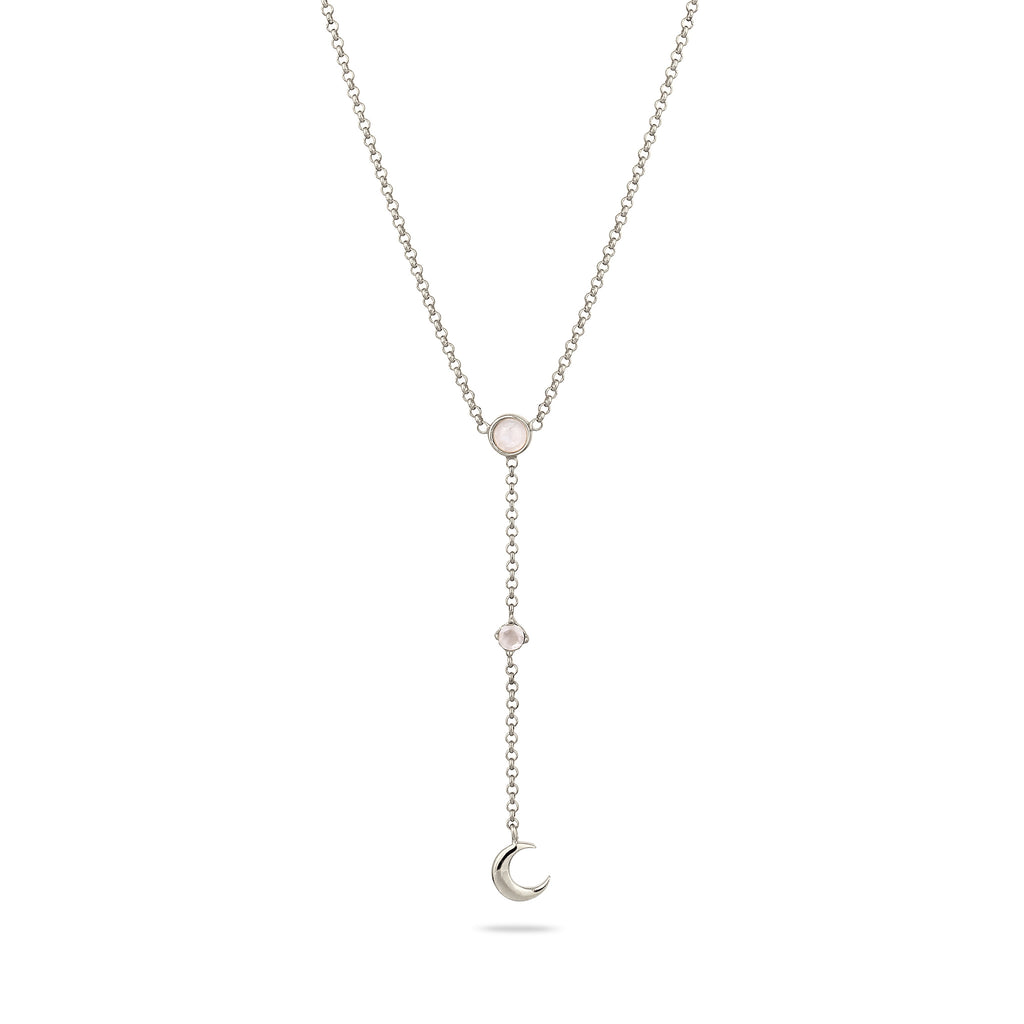 Silber - Elli | Y-Halskette Halbmond | Mondstein (Regenbogen & Weiß) | 925 Sterling Silber