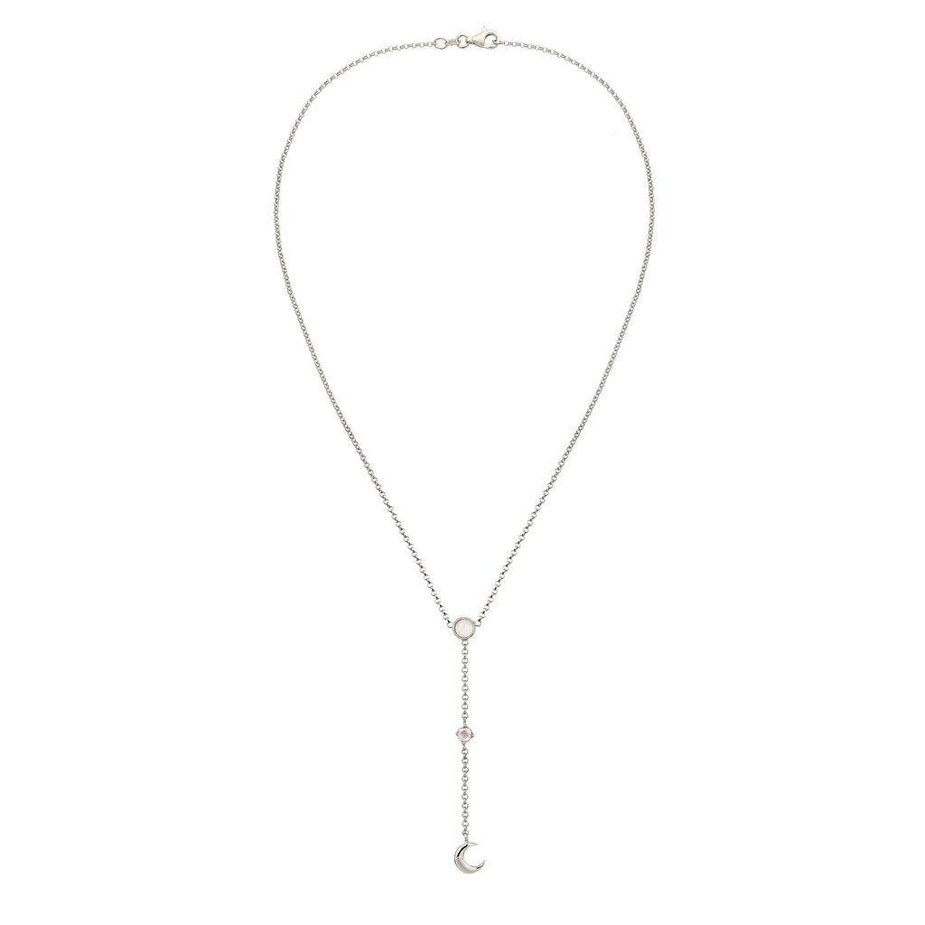 Silber - Elli | Y-Halskette Halbmond | Mondstein (Regenbogen & Weiß) | 925 Sterling Silber