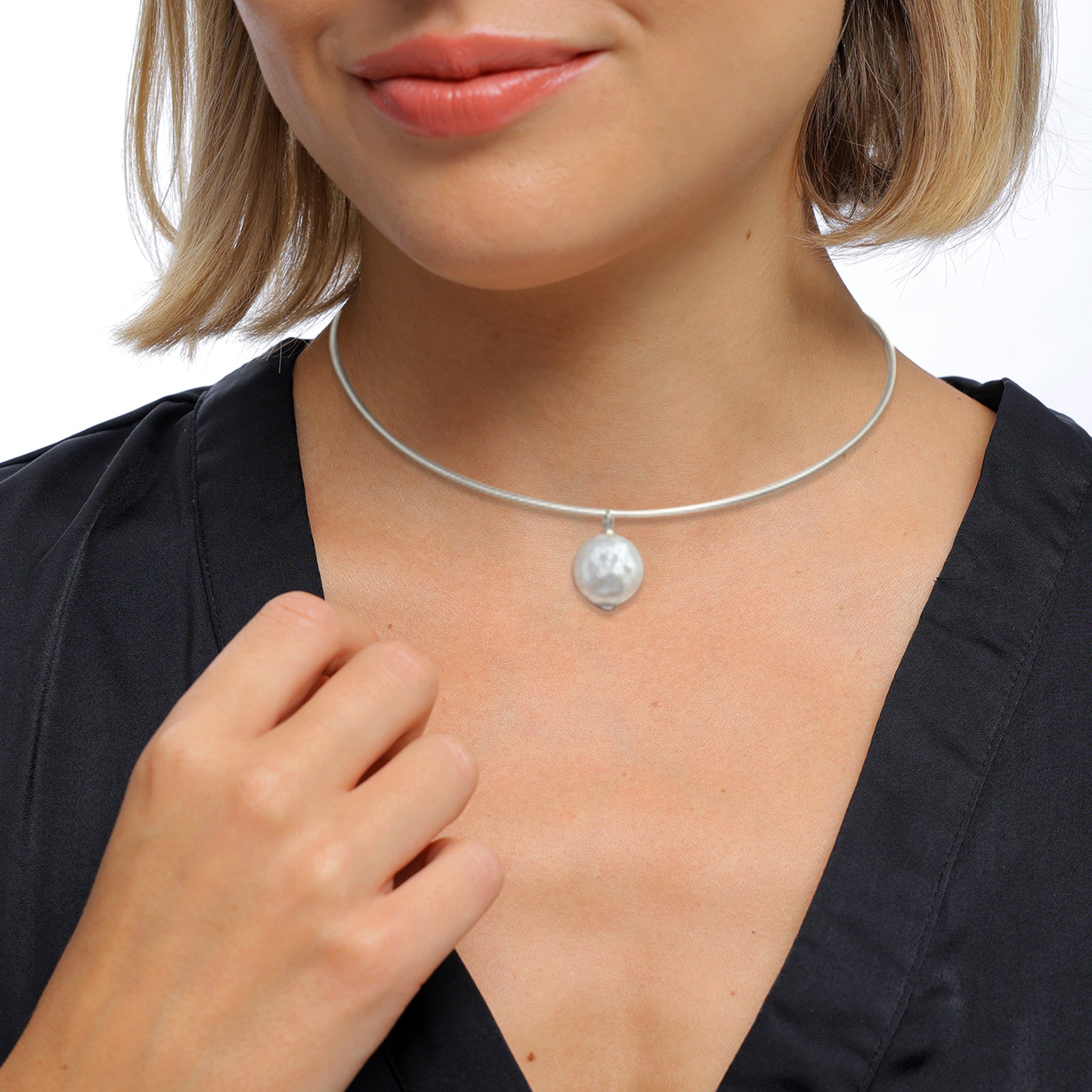 Silber - Elli PREMIUM | Halsreif | Muschelkernperle (Weiß) | 925 Sterling Silber