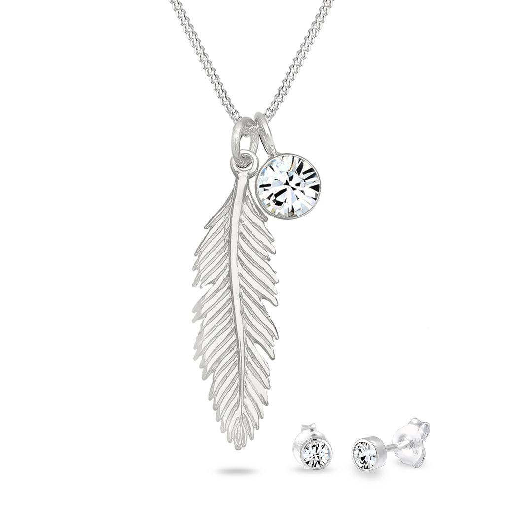 Silber - Elli | Schmuckset Feder | Mit Kristallen von Swarovski® (Weiß) | 925 Sterling Silber
