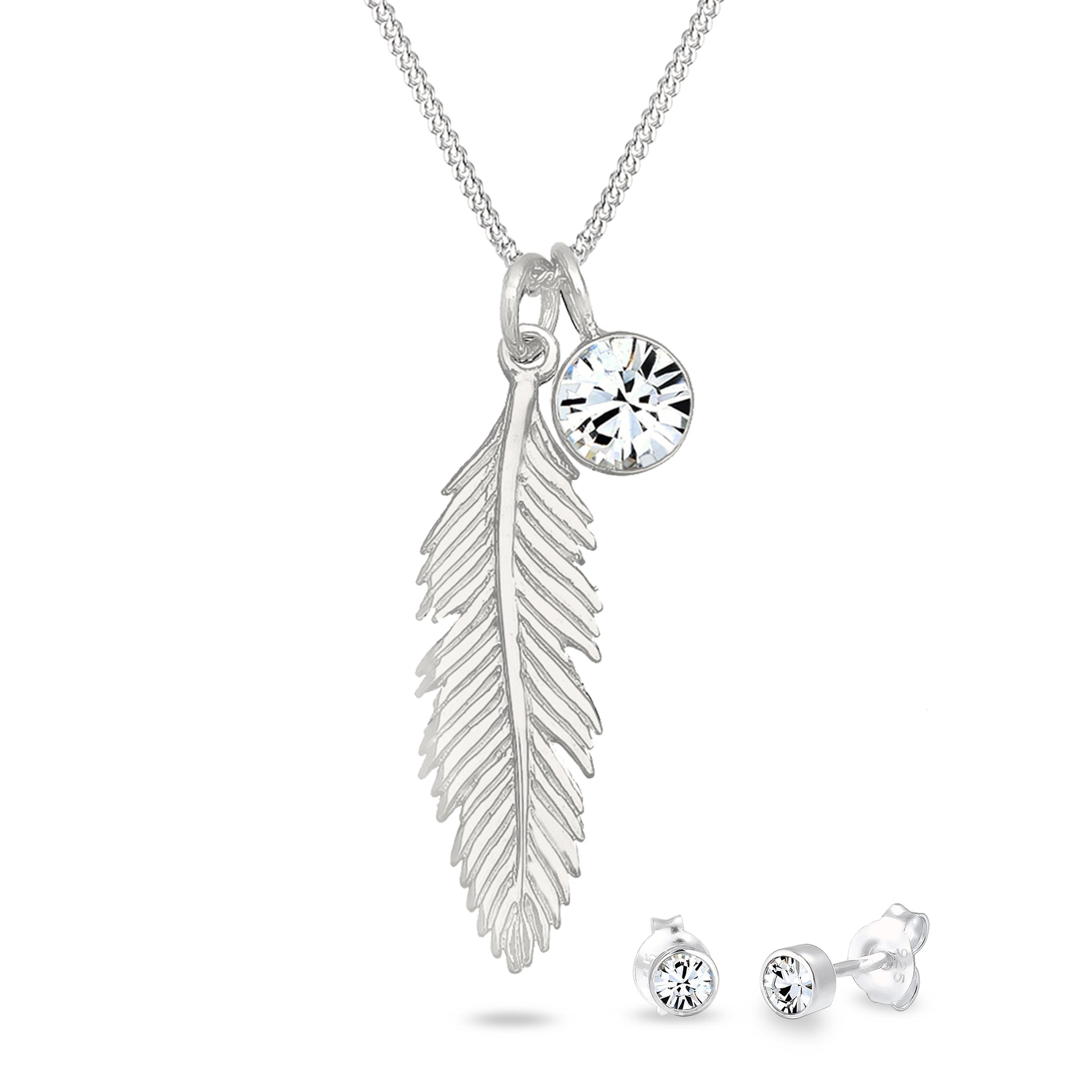 Silber - Elli | Schmuckset Feder | Mit Kristallen von Swarovski® (Weiß) | 925 Sterling Silber