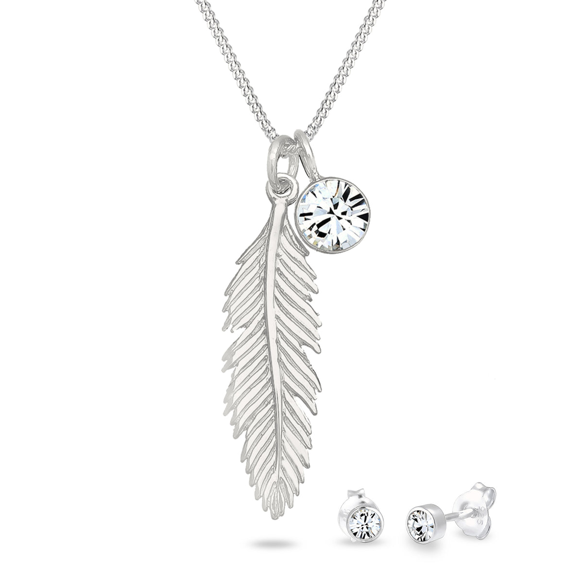 Silber - Elli | Schmuckset Feder | Mit Kristallen von Swarovski® (Weiß) | 925 Sterling Silber